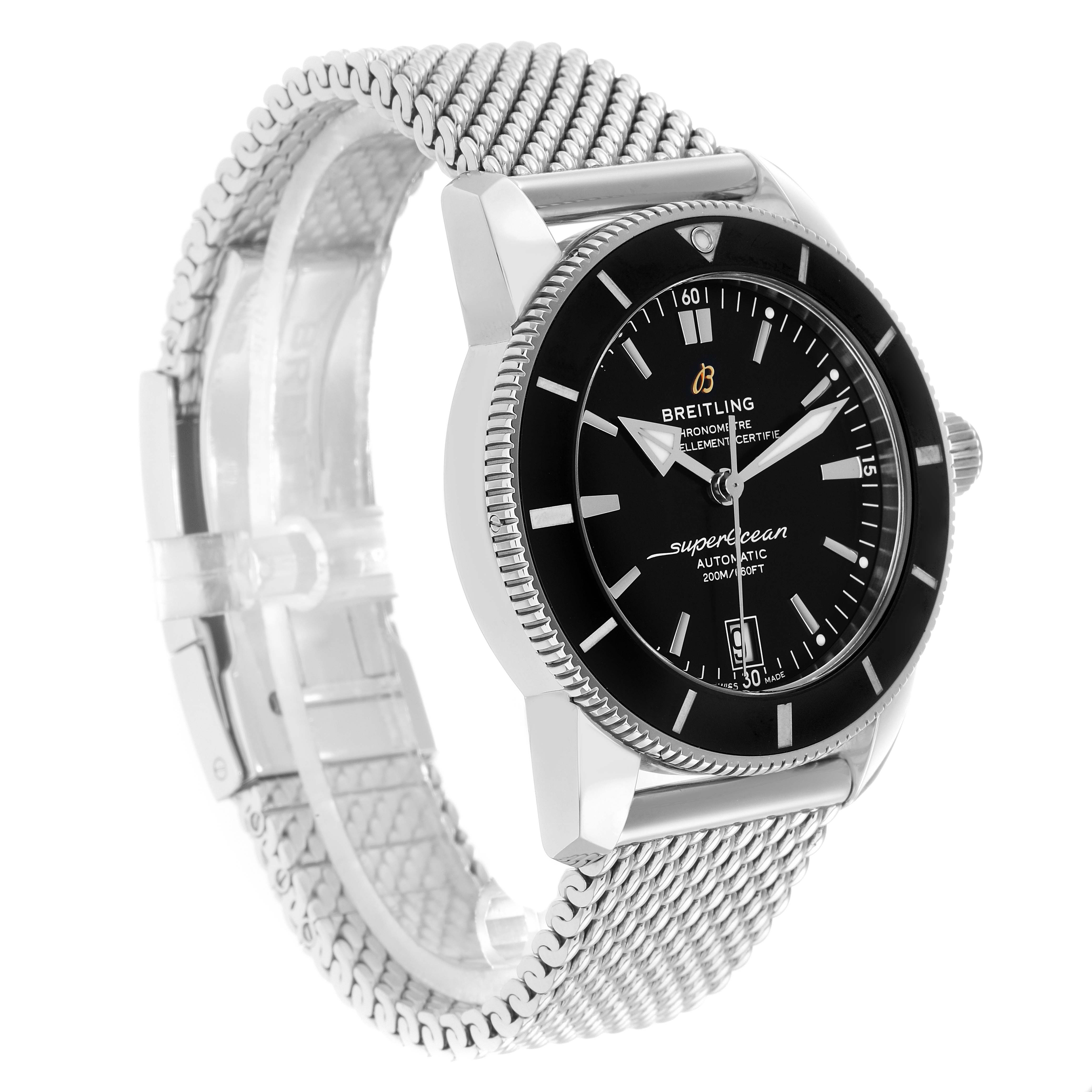 The Breitling Superocean AB2010 Men
s Stainless Steel Black Dial watch is shown at an angled side view, highlighting its mesh bracelet, case, and dial.