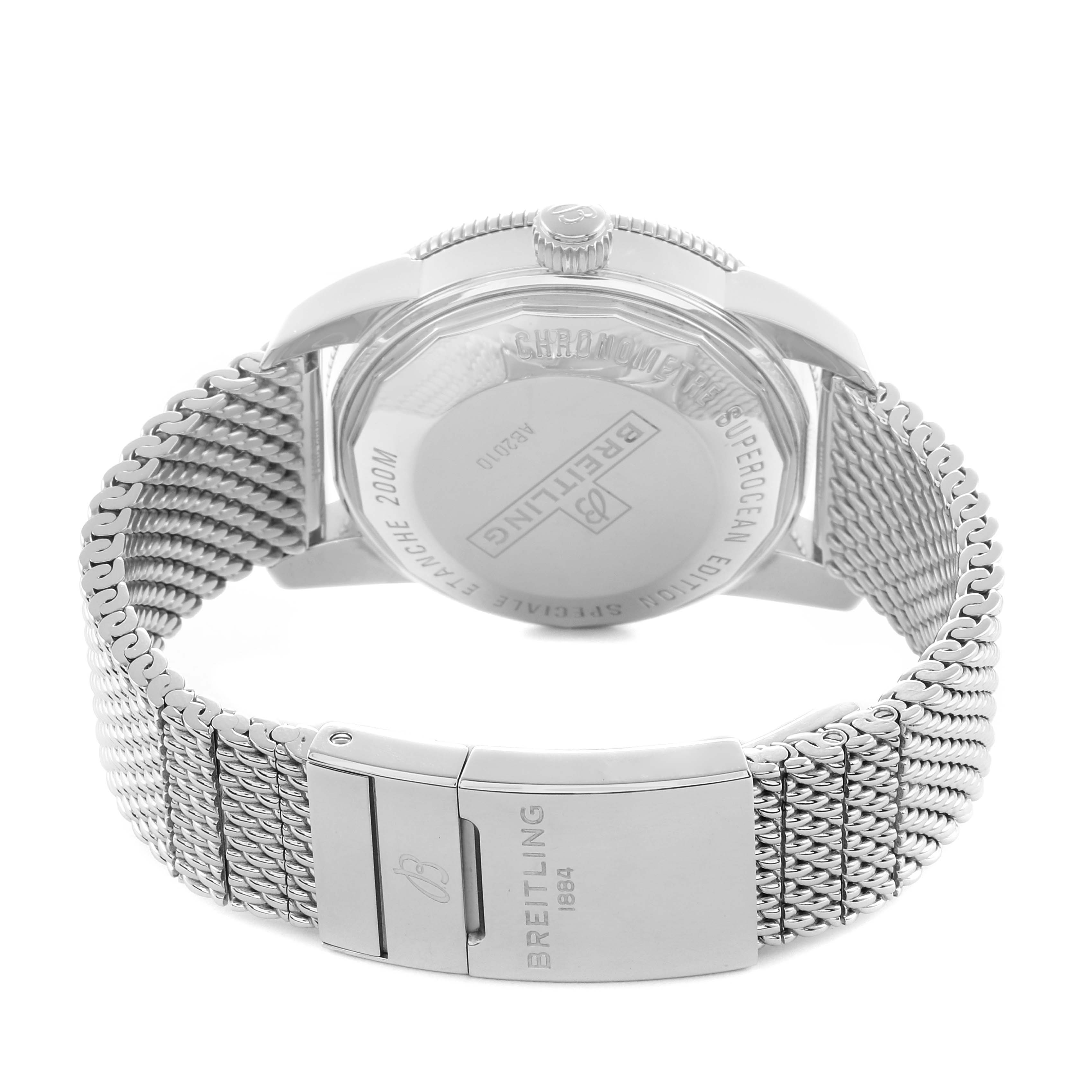 The image shows the back and clasp of a Breitling Superocean AB2010 Men
s Stainless Steel Black Dial watch at a rear angle.