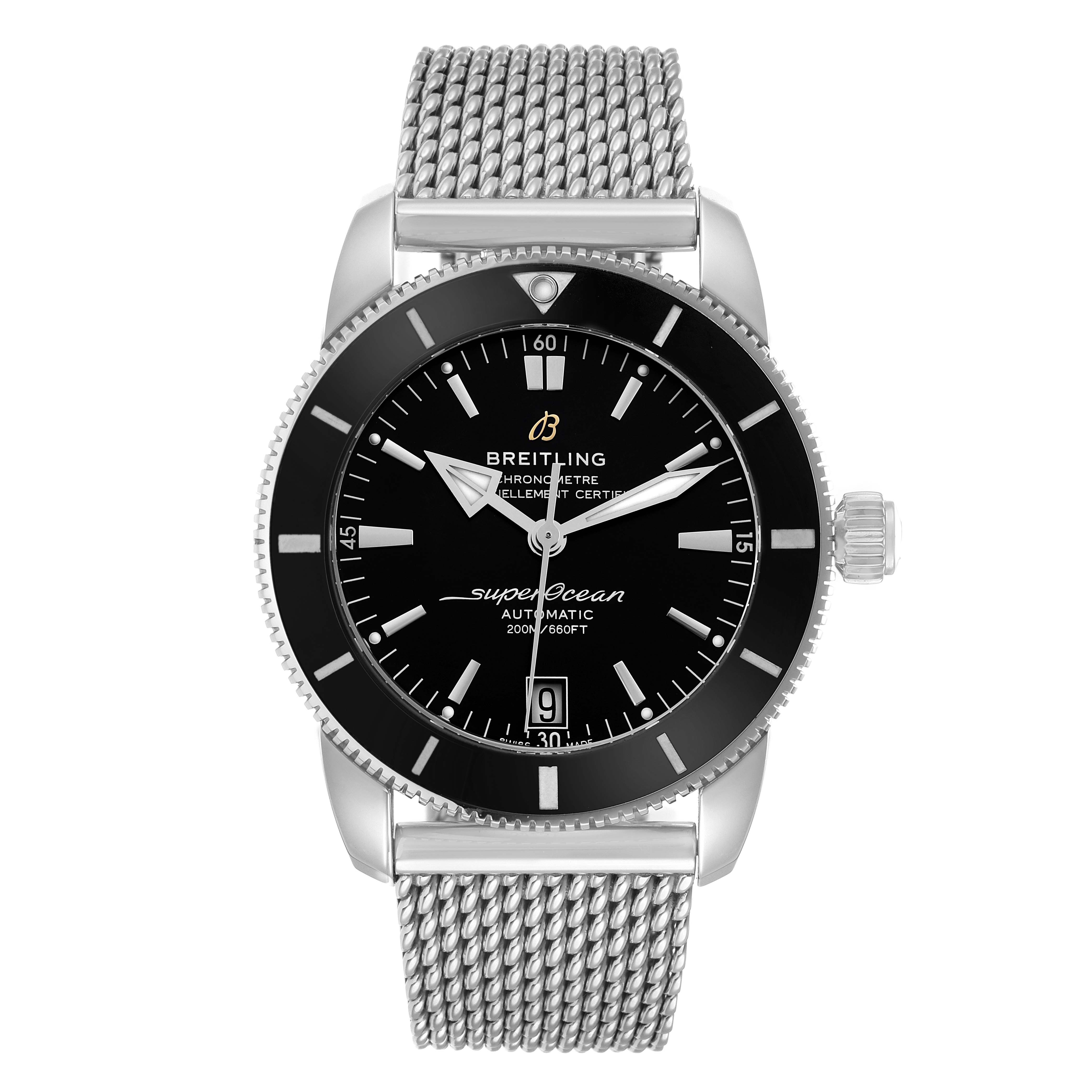 The image shows a front view of a Breitling Superocean AB2010 Men
s Stainless Steel Black Dial watch, highlighting the dial, bezel, and mesh strap.