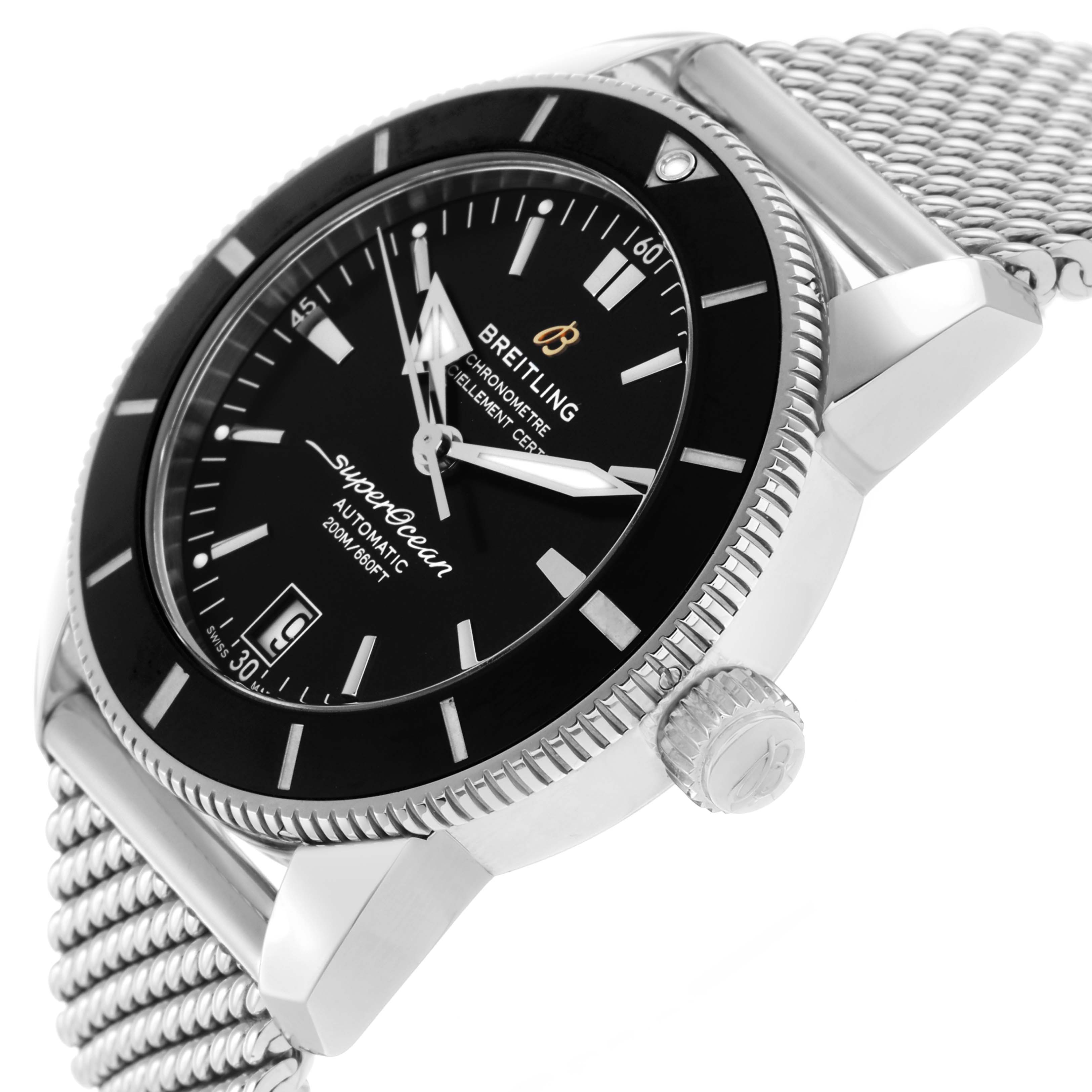 The Breitling Superocean AB2010 Men
s Stainless Steel Black Dial watch is shown from a slightly angled side view, highlighting the dial, crown, bezel, and bracelet.