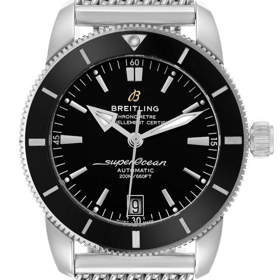 The image shows a front view of the Breitling Superocean AB2010 Men's Stainless Steel Black Dial watch, highlighting the dial, bezel, and crown.