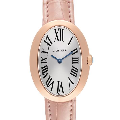 The Cartier Baignoire W8000007 Women's Rose Gold Silver Dial watch is shown from the front, highlighting its oval face, Roman numerals, and pink leather strap.