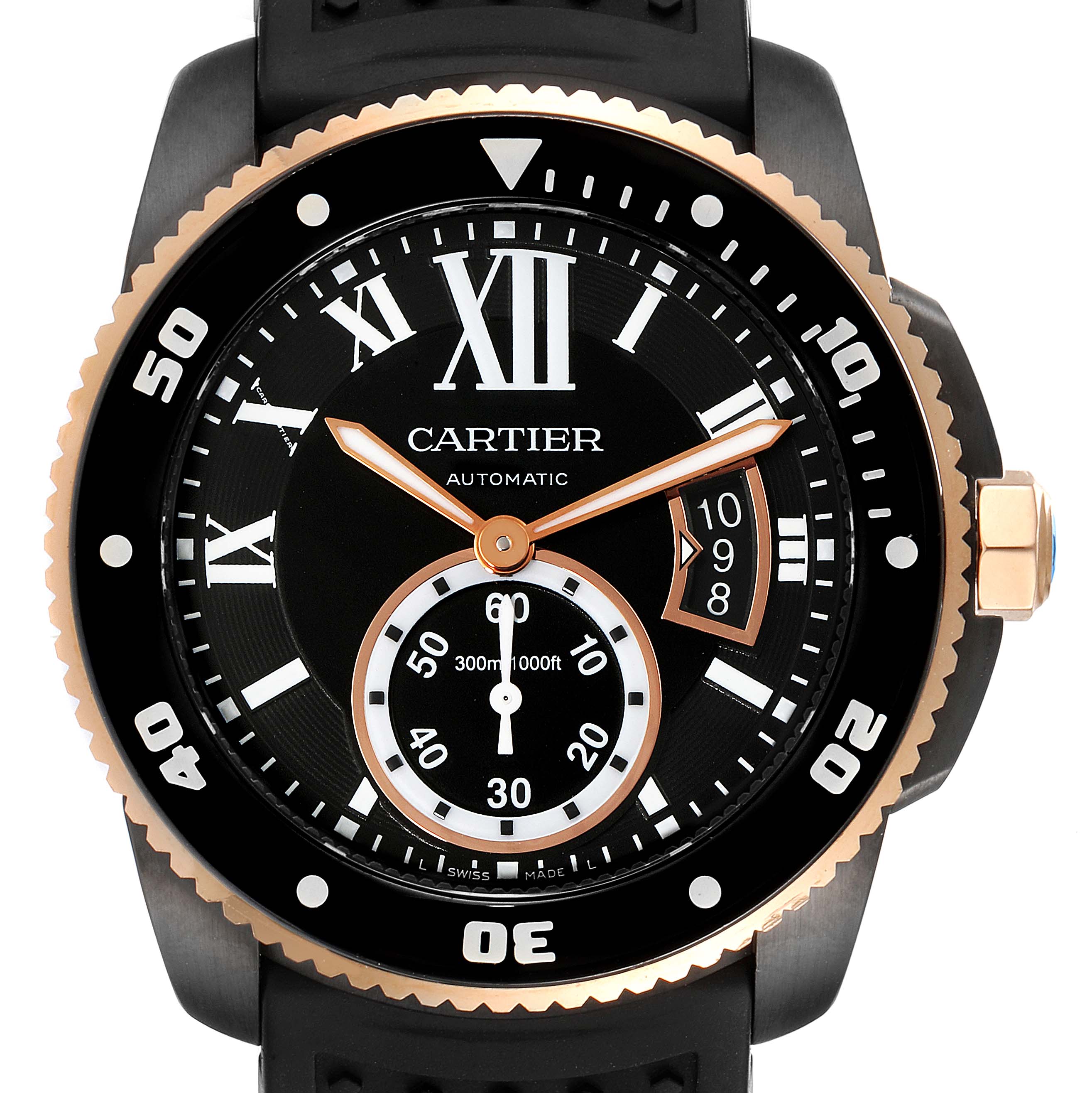 The image shows a front view of a Calibre de Cartier watch by Cartier, highlighting the dial, hands, crown, and bezel.