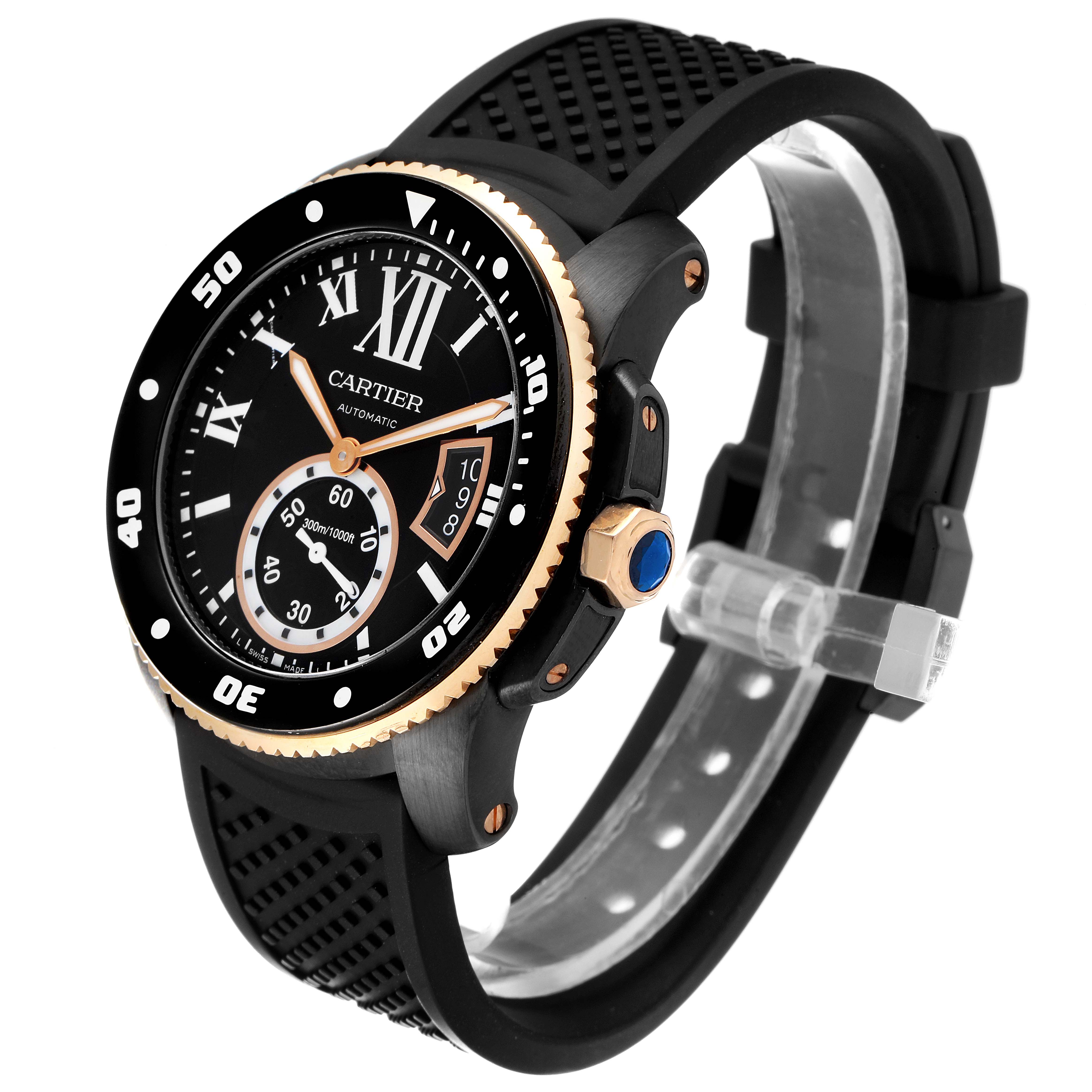 The Calibre de Cartier watch by Cartier is shown at a three-quarter angle, highlighting the face, bezel, crown, and part of the strap.