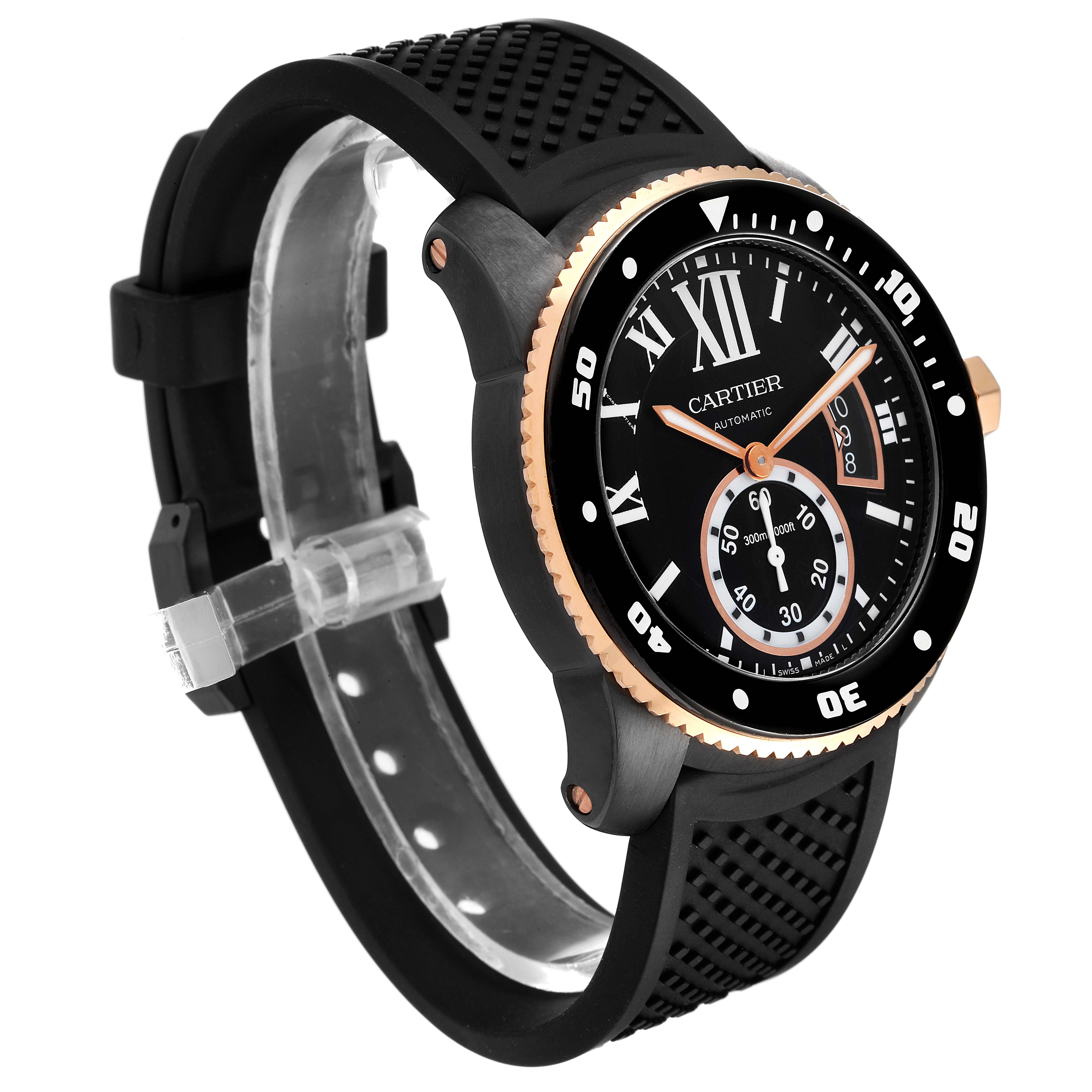 The image shows a Calibre de Cartier watch by Cartier at a front-right angle, displaying the dial, bezel, strap, and crown.