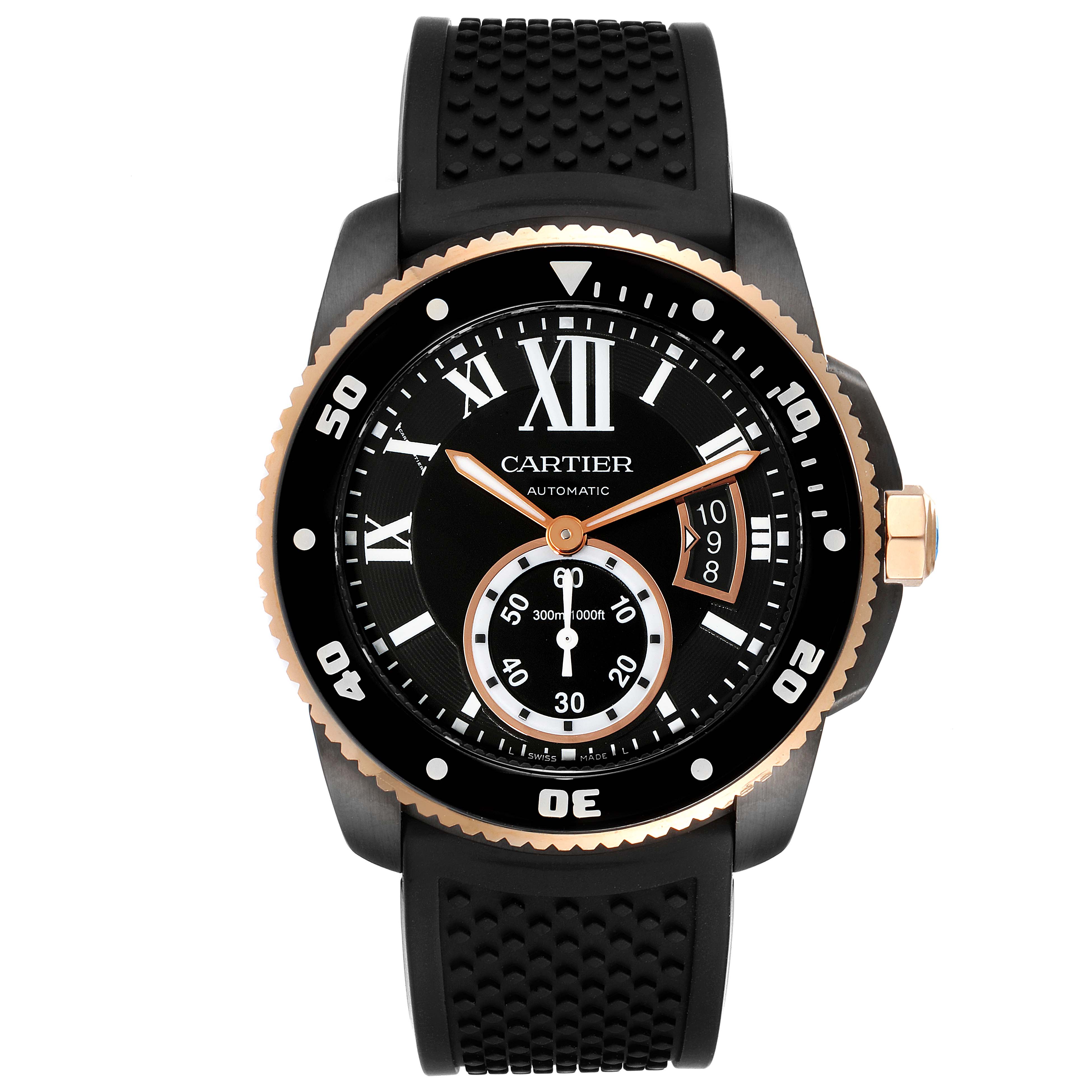 The image shows a frontal view of a Calibre de Cartier watch by Cartier, highlighting its dial, bezel, and strap.