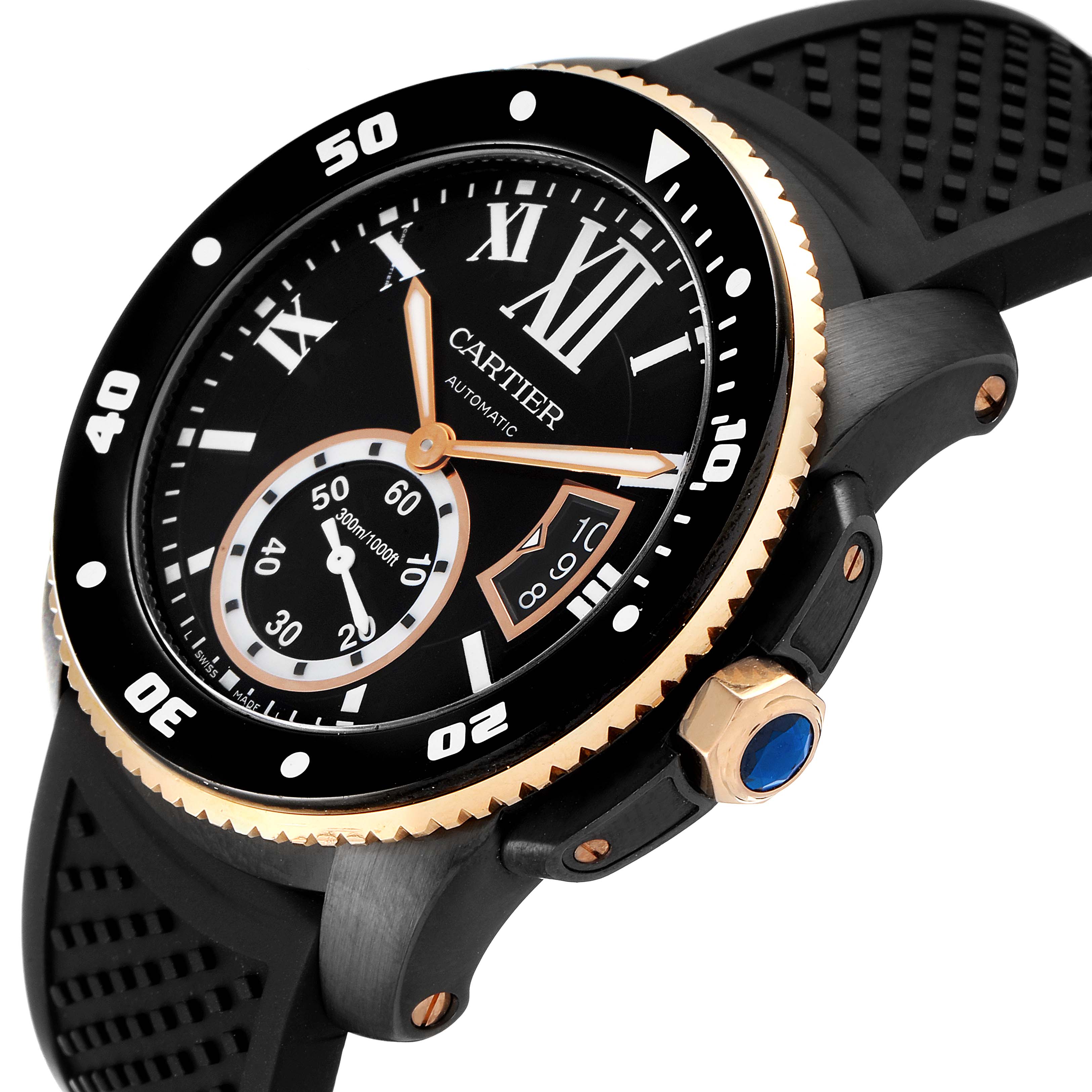 This image shows a close-up of the Calibre de Cartier watch, focusing on its face, bezel, and crown.