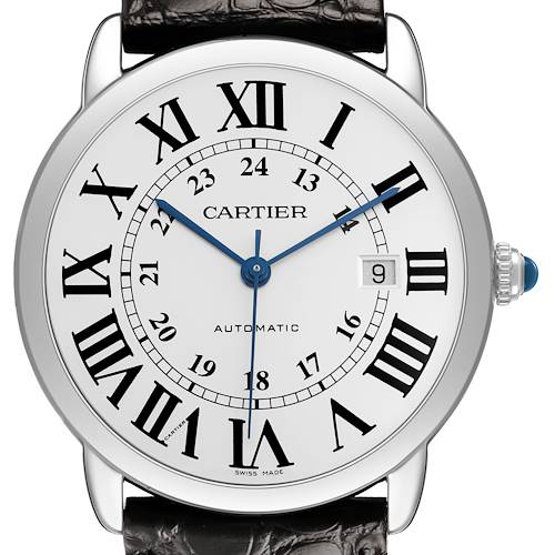 The Cartier Ronde W6701010 Men's Stainless Steel Silver Dial watch is shown from a front angle, displaying its face, Roman numerals, date window, and blue hands.