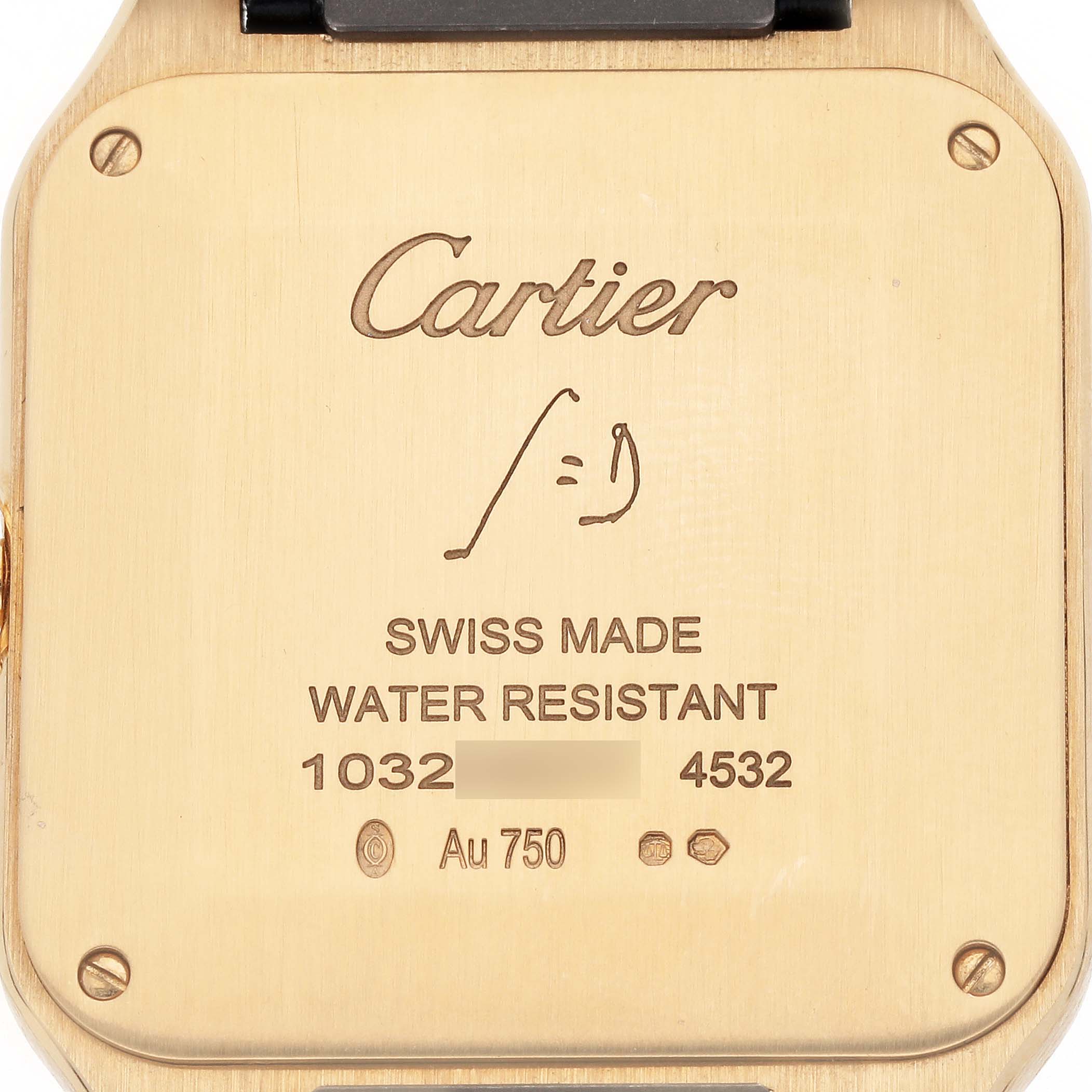 The image shows the back case of the Cartier Santos Dumont WGSA0077 Men
s Yellow Gold Blue Dial watch with engravings and hallmark details.