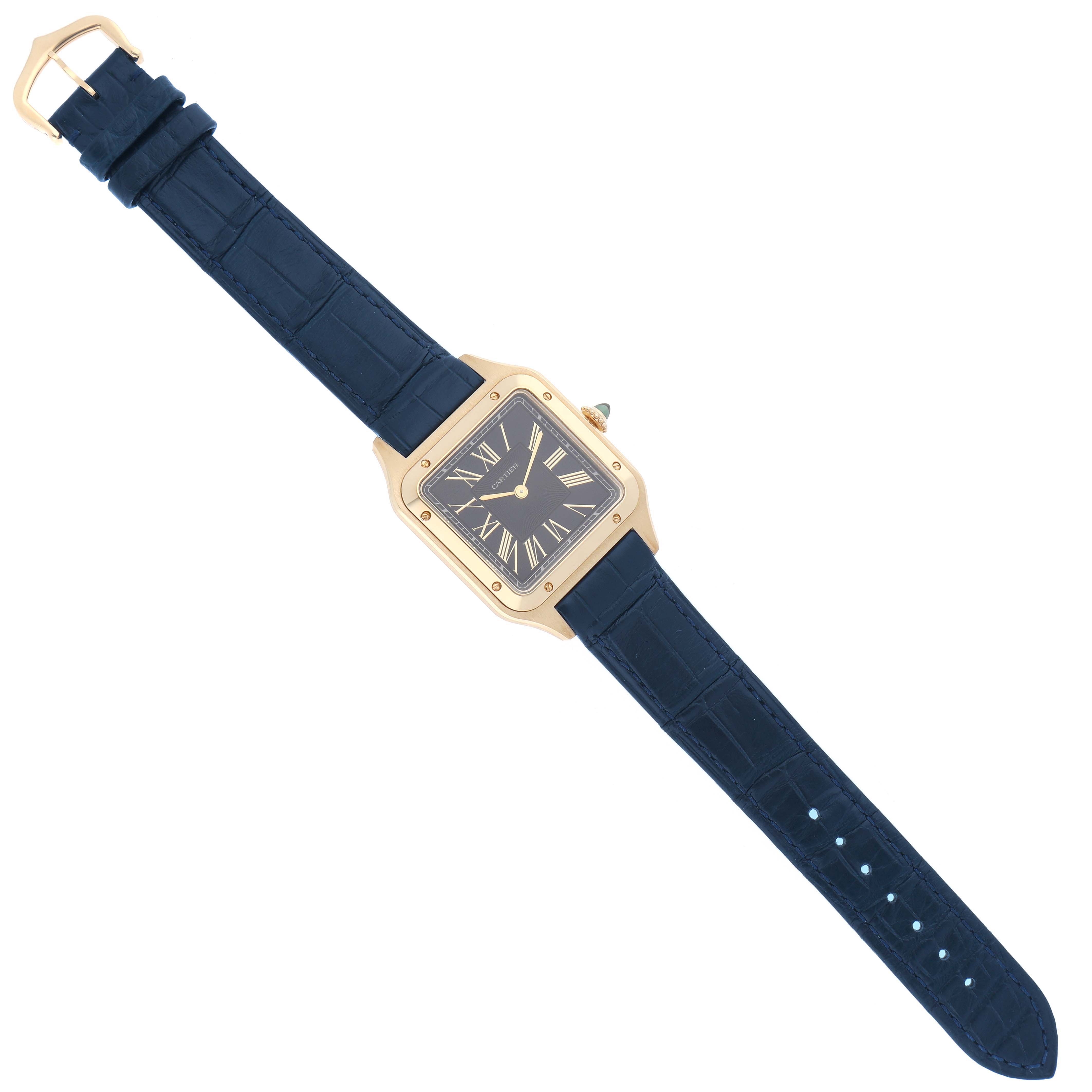 The Cartier Santos Dumont WGSA0077 Men
s Yellow Gold Blue Dial watch is shown from a top view, highlighting its square face, Roman numerals, and blue leather strap.