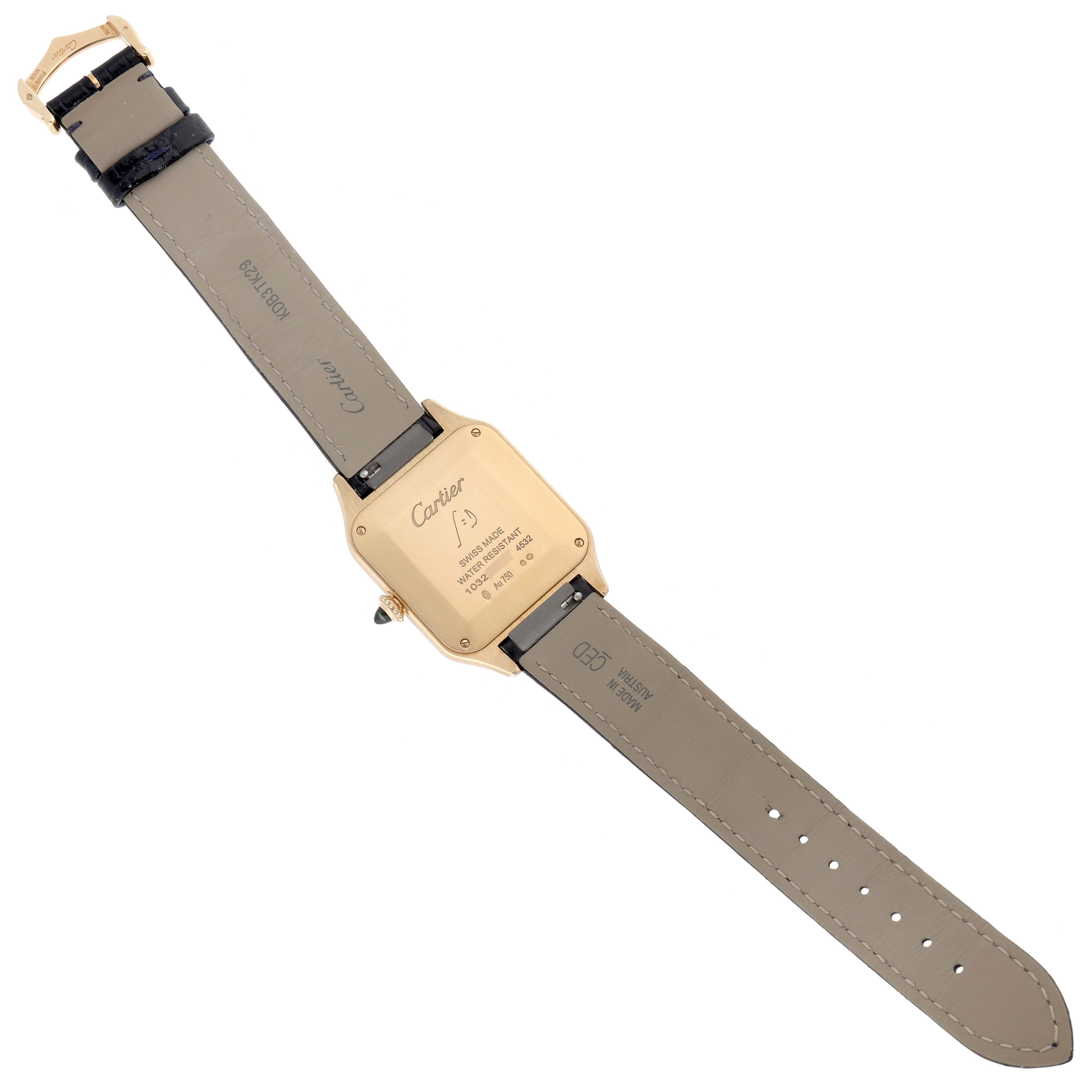 The image shows the back view of the Santos Dumont watch by Cartier, highlighting the case back and straps.