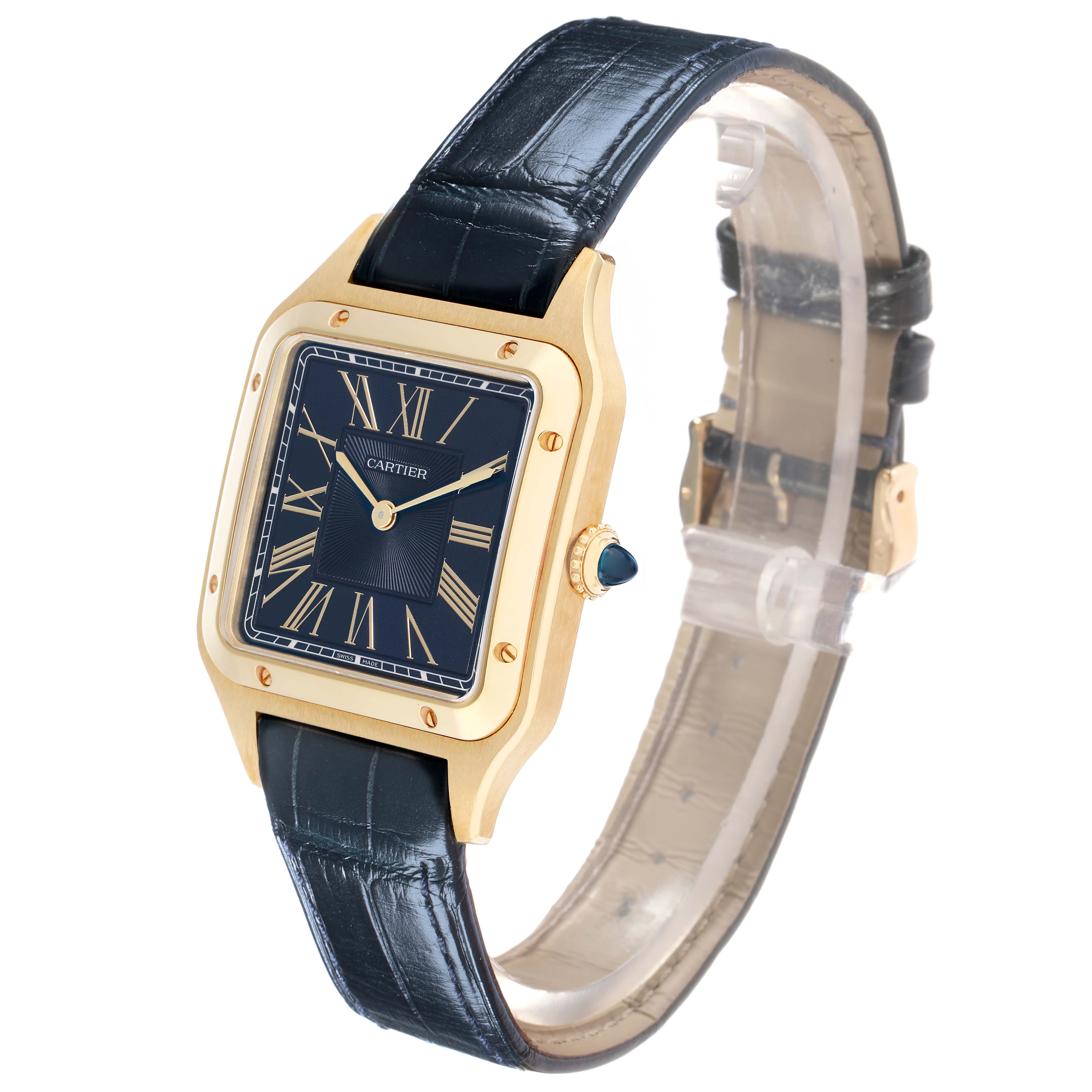 The Cartier Santos Dumont WGSA0077 Men
s Yellow Gold Blue Dial watch is shown at a three-quarter angle, highlighting its gold case, blue dial, and leather strap.