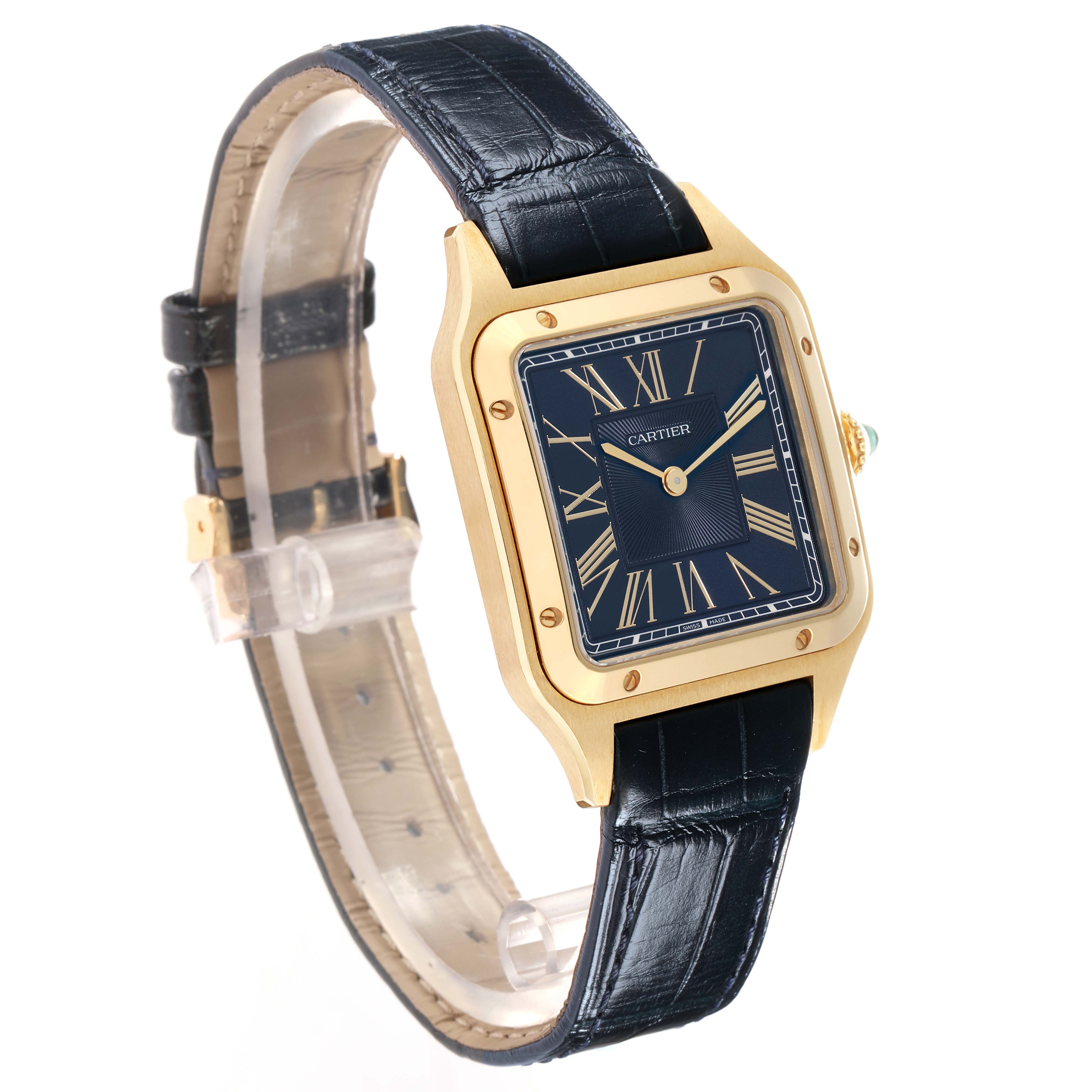 The Cartier Santos Dumont WGSA0077 Men
s Yellow Gold Blue Dial watch is shown at a slight angle, displaying its face, case, crown, and part of the black leather strap.