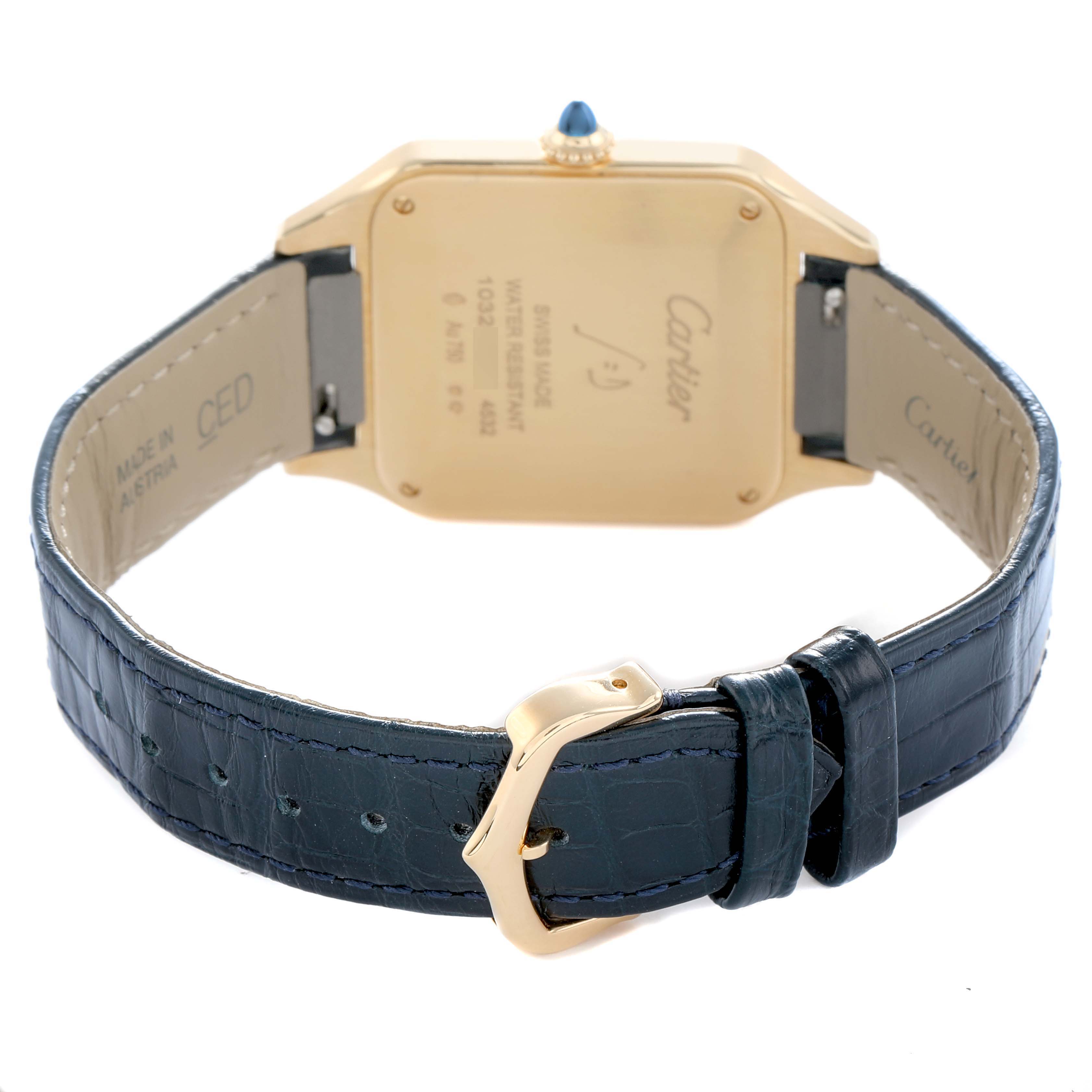 The Cartier Santos Dumont WGSA0077 Men
s Yellow Gold Blue Dial watch is shown from the back, displaying the case back, leather strap, and clasp.