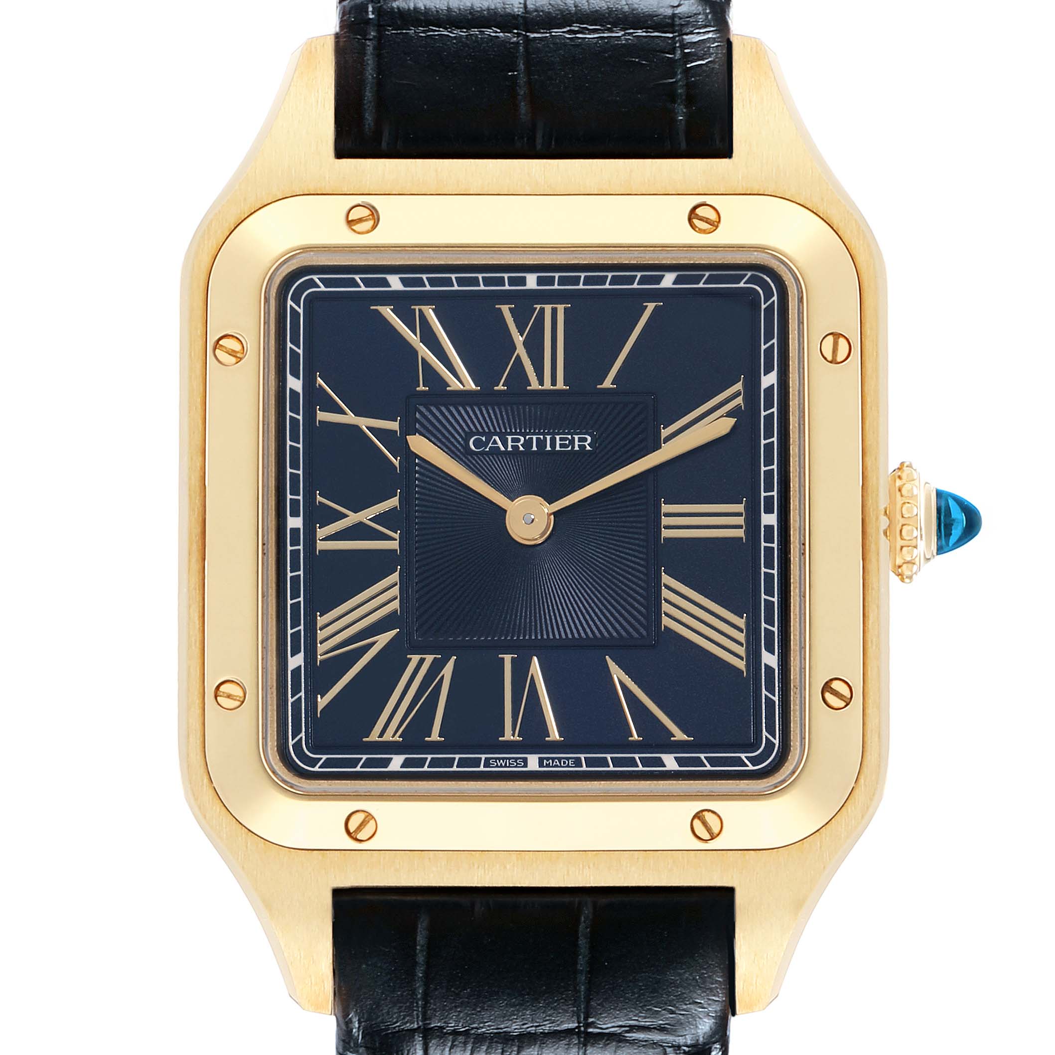The image shows a front view of a Cartier Santos Dumont WGSA0077 Men
s Yellow Gold Blue Dial watch, highlighting its square face, Roman numerals, and blue bejeweled crown.