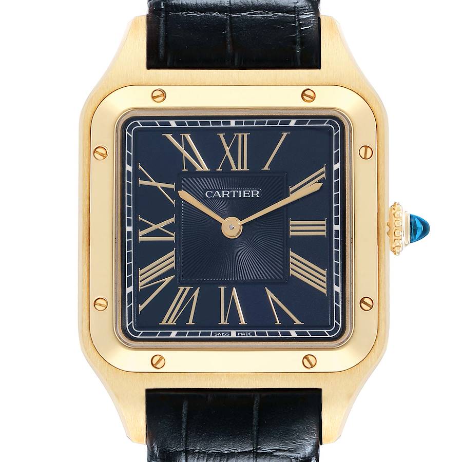 The image shows a front view of a Cartier Santos Dumont WGSA0077 Men's Yellow Gold Blue Dial watch, highlighting its square face, Roman numerals, and blue bejeweled crown.