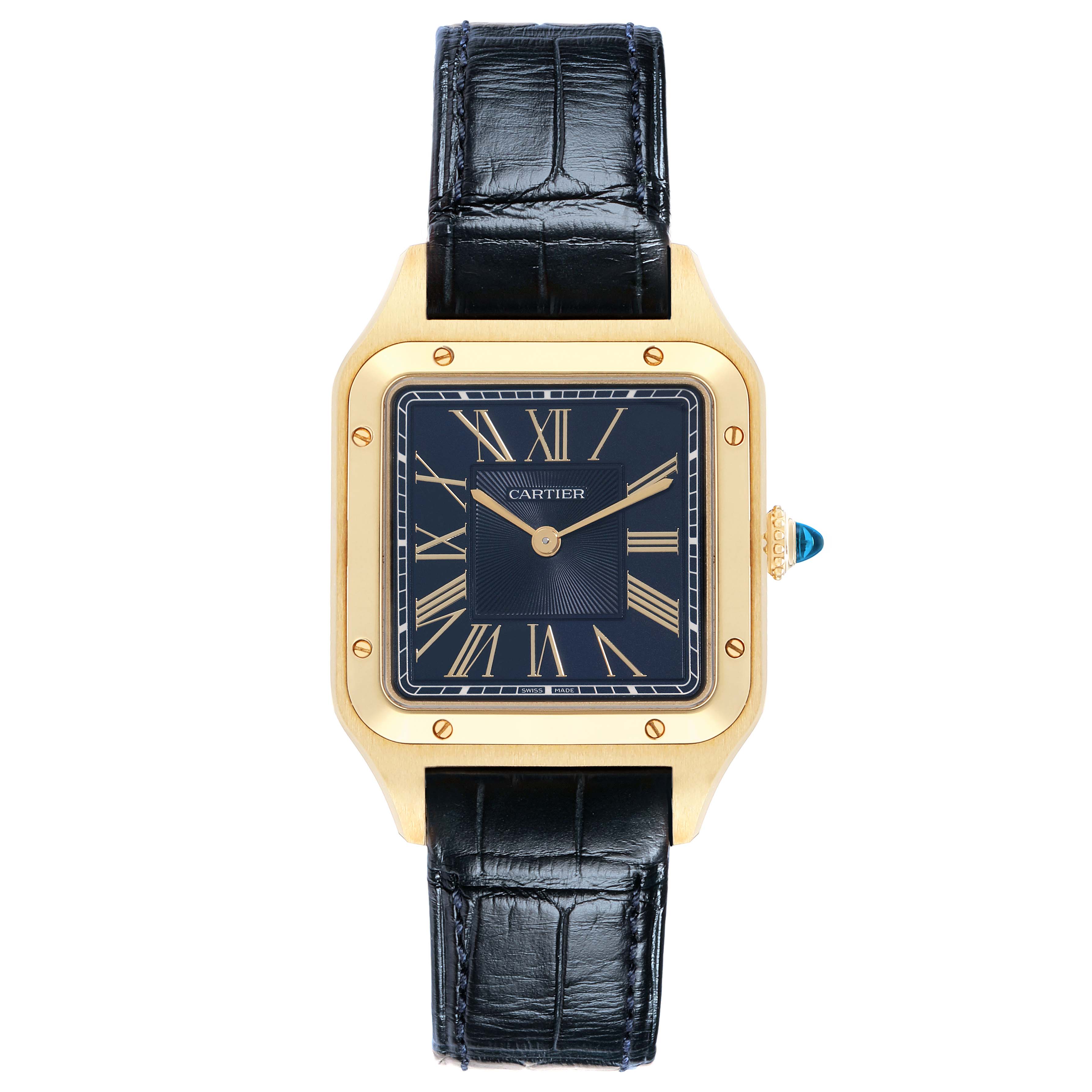 The Cartier Santos Dumont WGSA0077 Men
s Yellow Gold Blue Dial watch is shown from a top-down angle, displaying the dial, case, and strap.