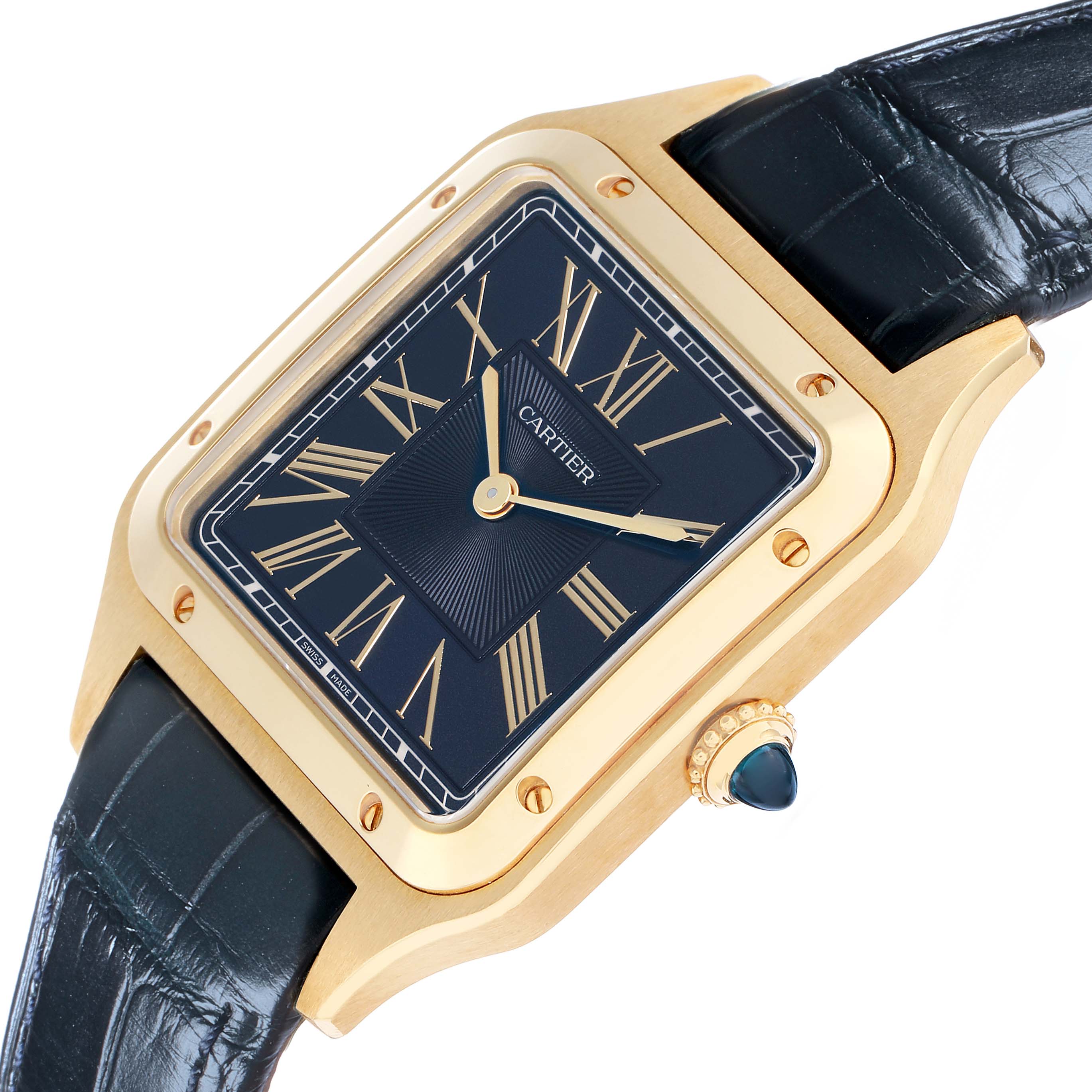 The Cartier Santos Dumont WGSA0077 Men
s Yellow Gold Blue Dial watch is shown from a three-quarter angle, highlighting the dial, bezel, crown, and leather strap.
