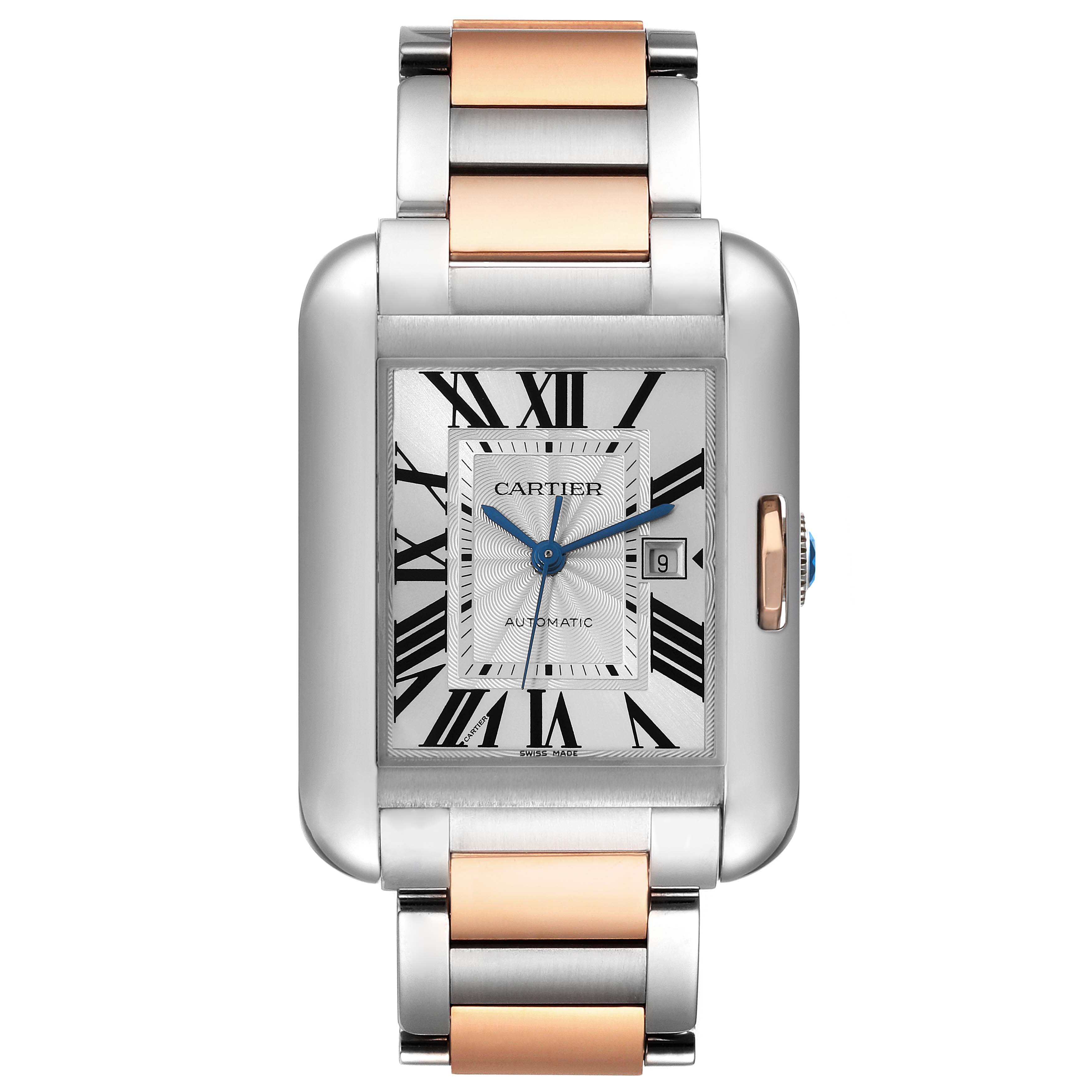 The image shows a front view of the Cartier Tank Anglaise W5310037 Men
s Steel and Gold (two tone) Silver Dial W5310037 Men
s Steel and Gold (two tone) Silver Dial watch, displaying its dial, bracelet, and crown.
