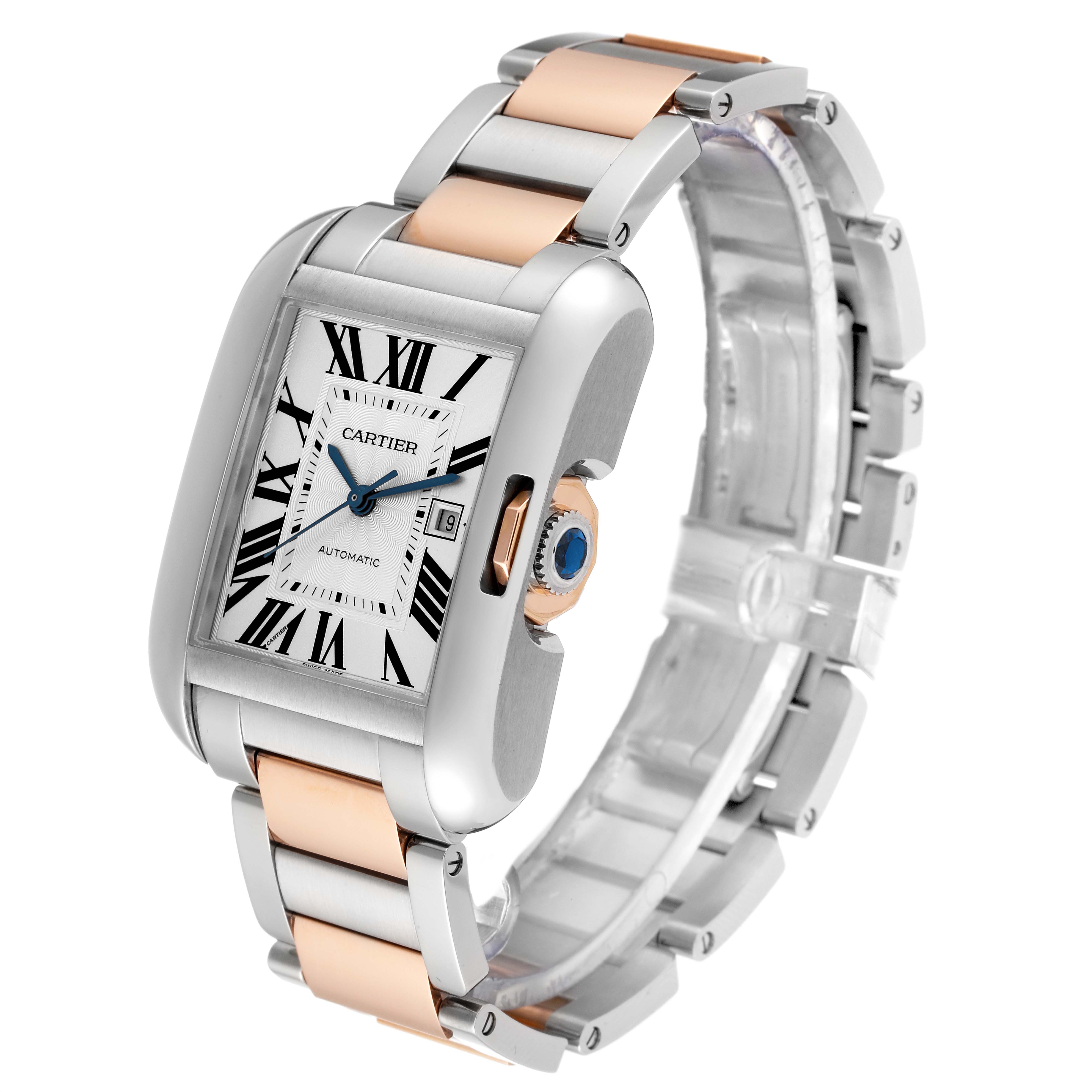 The image shows a close-up of a Cartier Tank Anglaise W5310037 Men
s Steel and Gold (two tone) Silver Dial W5310037 Men
s Steel and Gold (two tone) Silver Dial watch displaying its face, Roman numerals, and two-tone bracelet.
