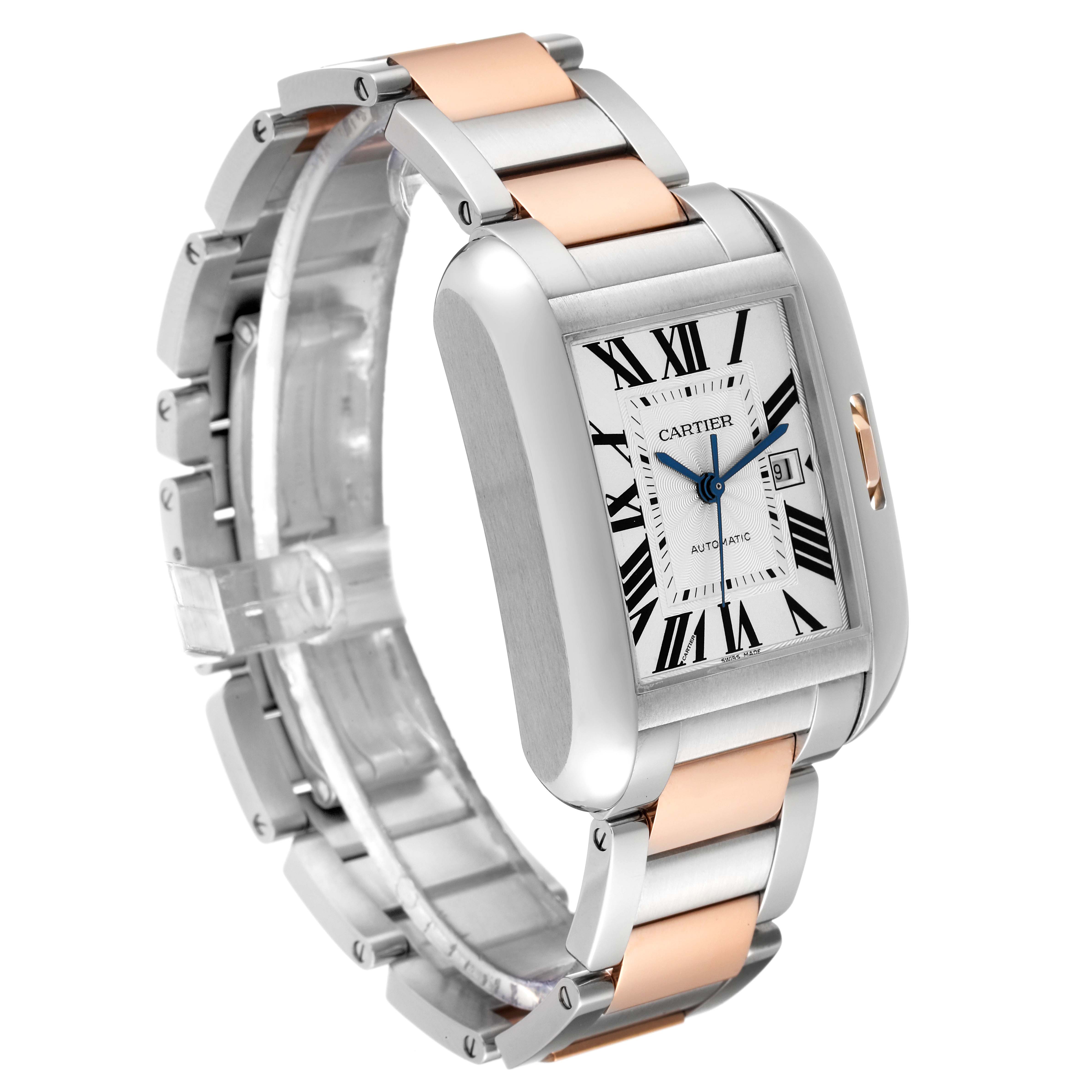 This image shows a side angle of the Cartier Tank Anglaise W5310037 Men
s Steel and Gold (two tone) Silver Dial W5310037 Men
s Steel and Gold (two tone) Silver Dial watch highlighting its dial, case, and two-tone bracelet.