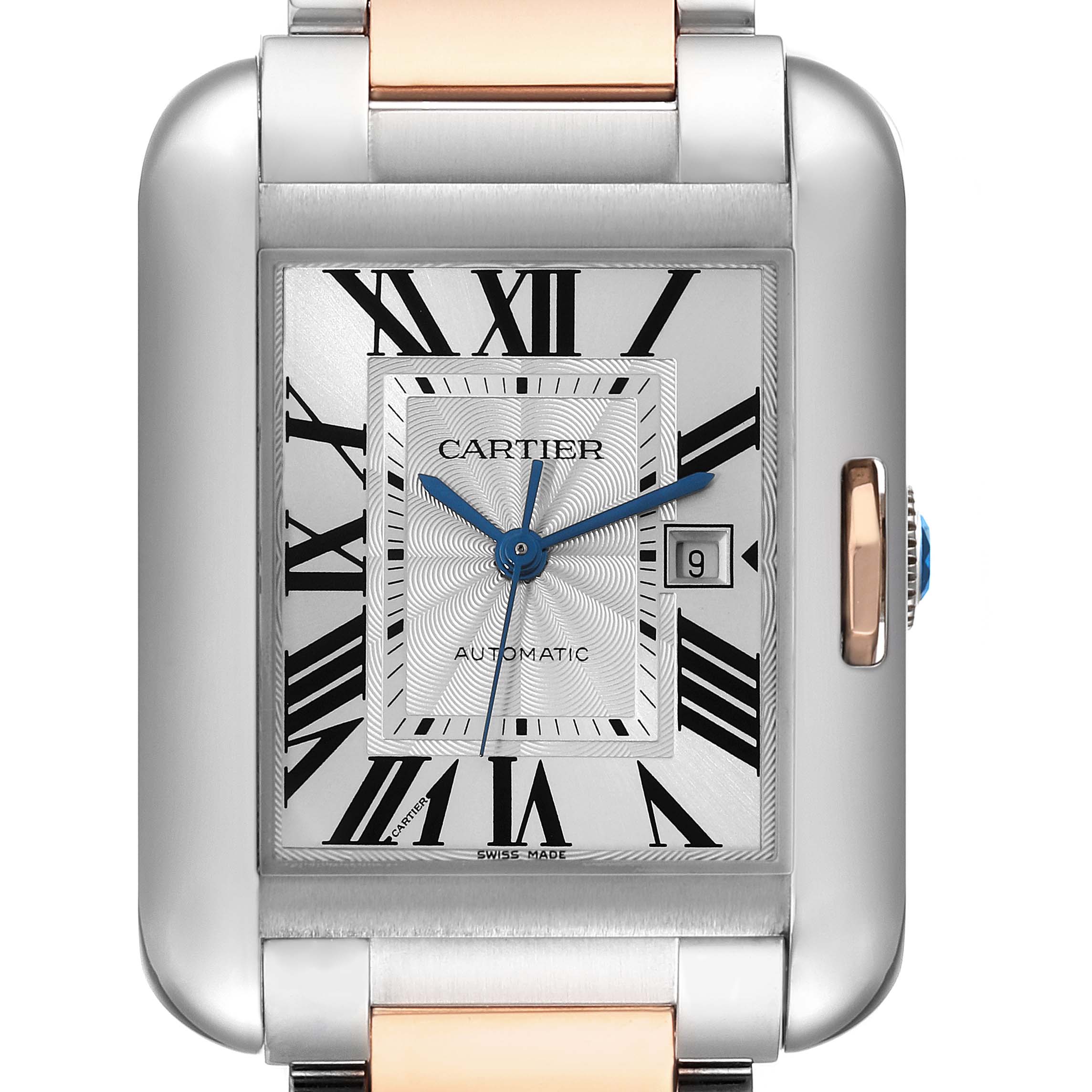 This image shows a front view of a Cartier Tank Anglaise W5310037 Men
s Steel and Gold (two tone) Silver Dial W5310037 Men
s Steel and Gold (two tone) Silver Dial watch displaying its face, bezel, and part of the bracelet.