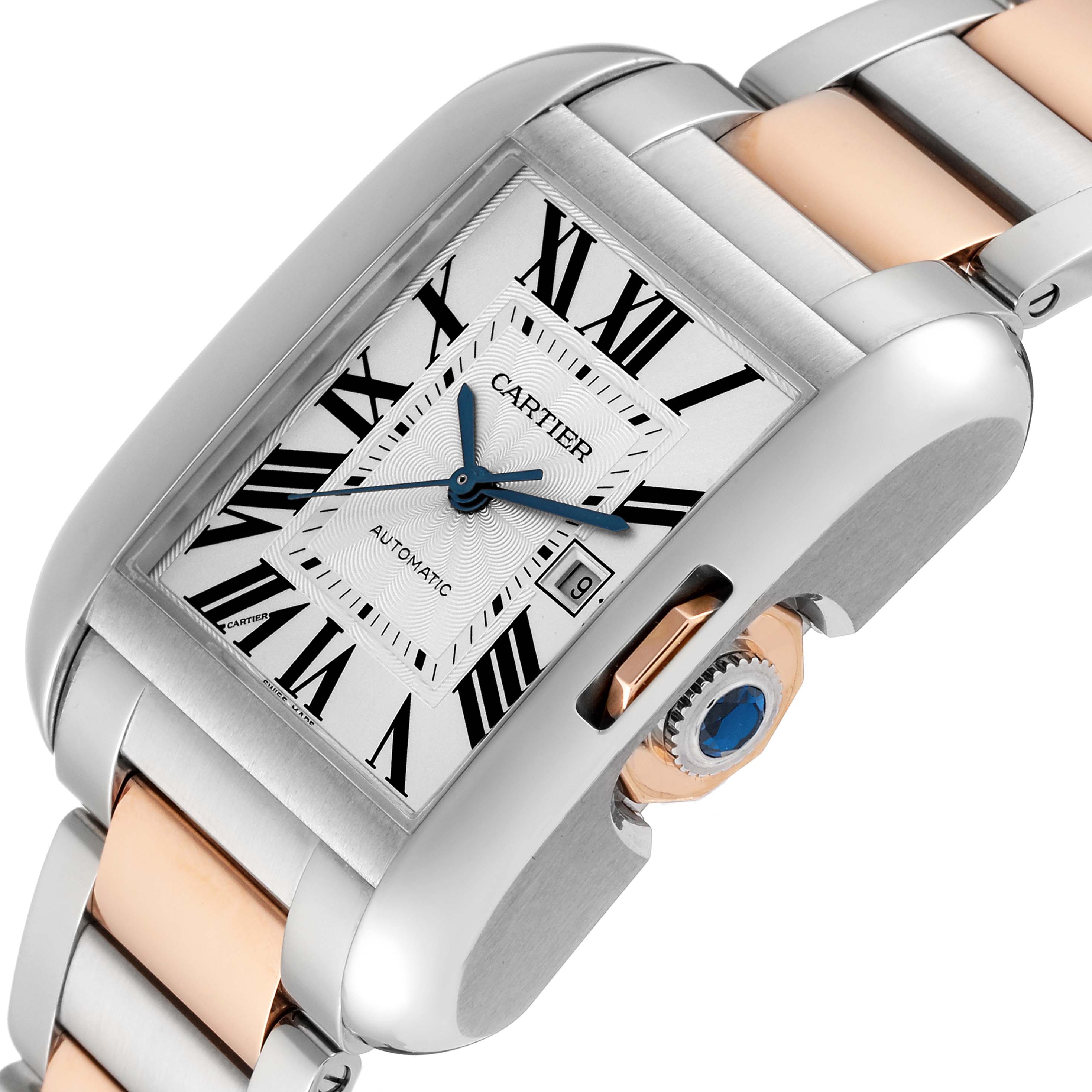 The image shows a Cartier Tank Anglaise W5310037 Men
s Steel and Gold (two tone) Silver Dial W5310037 Men
s Steel and Gold (two tone) Silver Dial watch angled to highlight the face, crown, and part of the strap.
