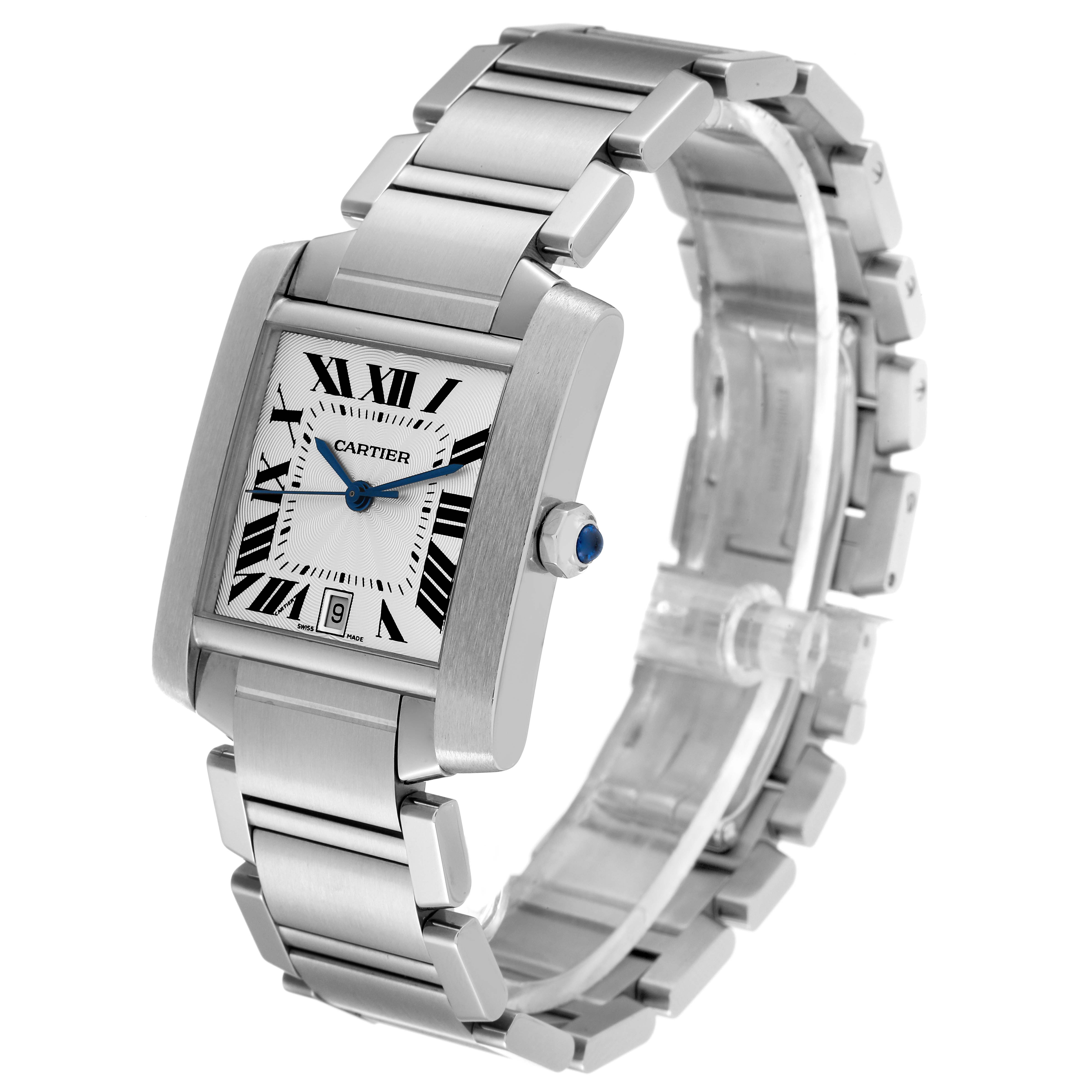 The Cartier Tank Francaise W51002Q3 Men
s Stainless Steel Silver Dial W51002Q3 Men
s Stainless Steel Silver Dial watch is shown at a slight angle displaying its face, metal bracelet, and crown with a blue gem.
