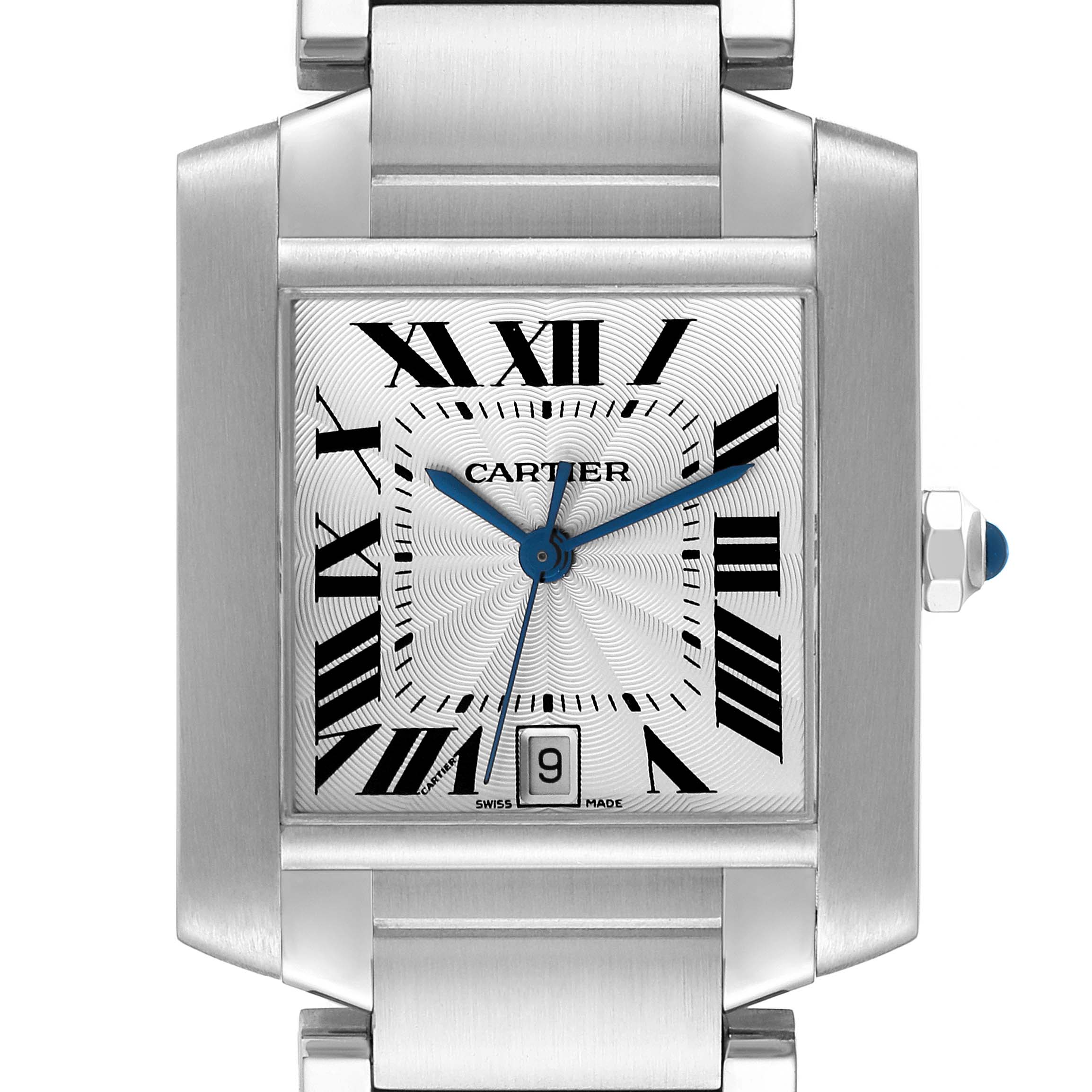 The image shows a frontal view of the Cartier Tank Francaise W51002Q3 Men
s Stainless Steel Silver Dial W51002Q3 Men
s Stainless Steel Silver Dial watch, displaying its face, hands, date window, and part of the bracelet.