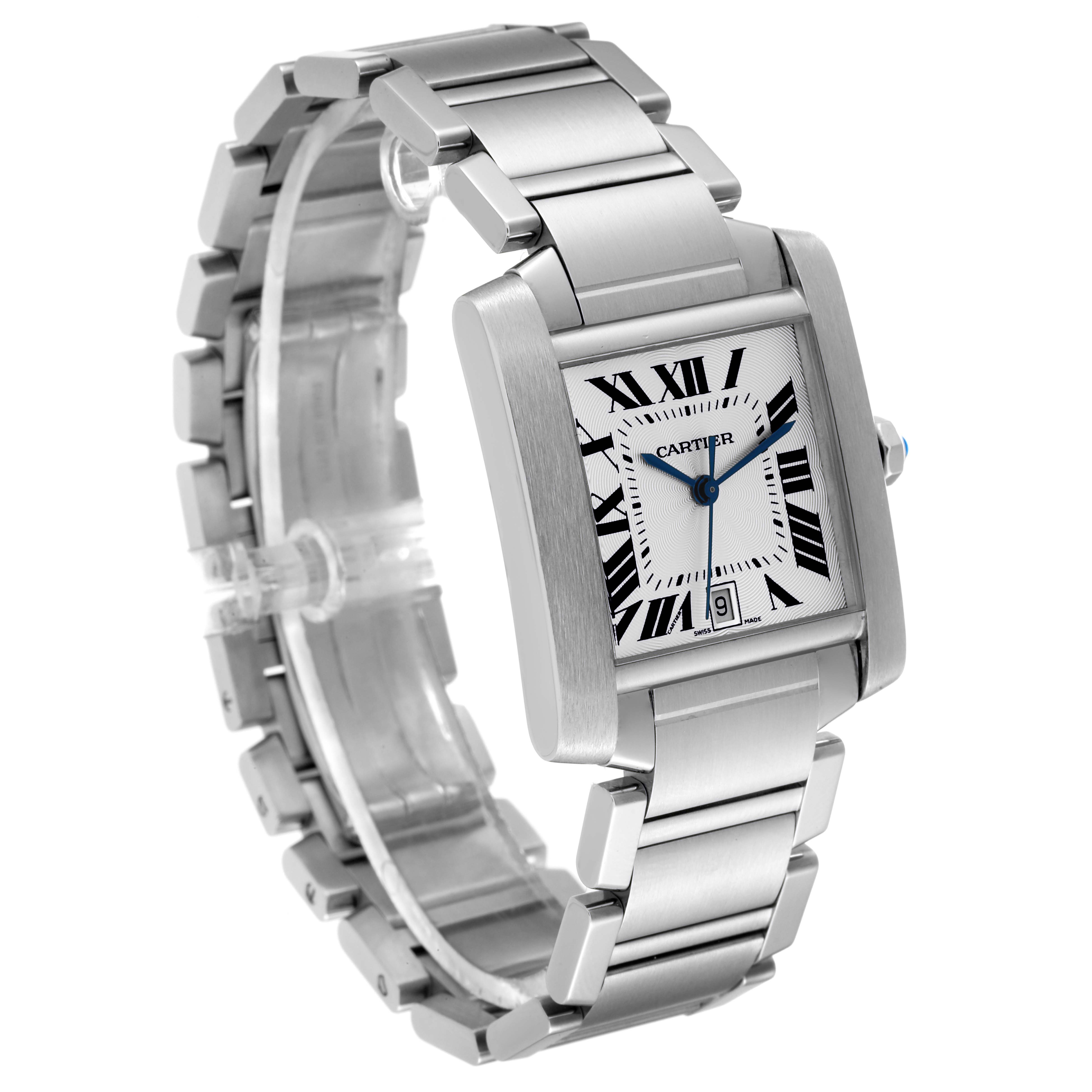This image shows a Cartier Tank Francaise W51002Q3 Men
s Stainless Steel Silver Dial W51002Q3 Men
s Stainless Steel Silver Dial watch from a front left angle, displaying its rectangular case and metal bracelet.