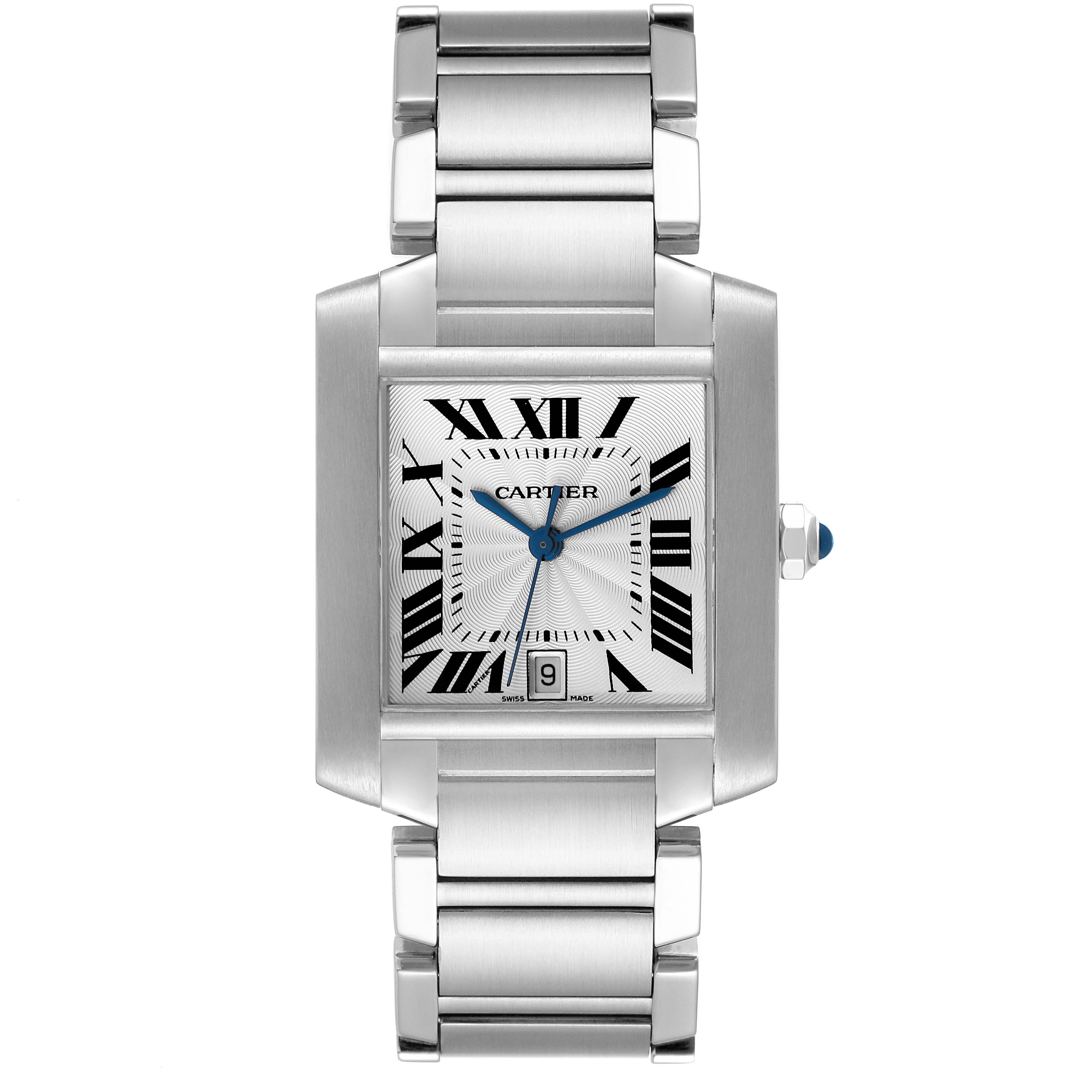 This is a front view of the Cartier Tank Francaise W51002Q3 Men
s Stainless Steel Silver Dial W51002Q3 Men
s Stainless Steel Silver Dial watch showcasing its square face, Roman numerals, and metal bracelet.