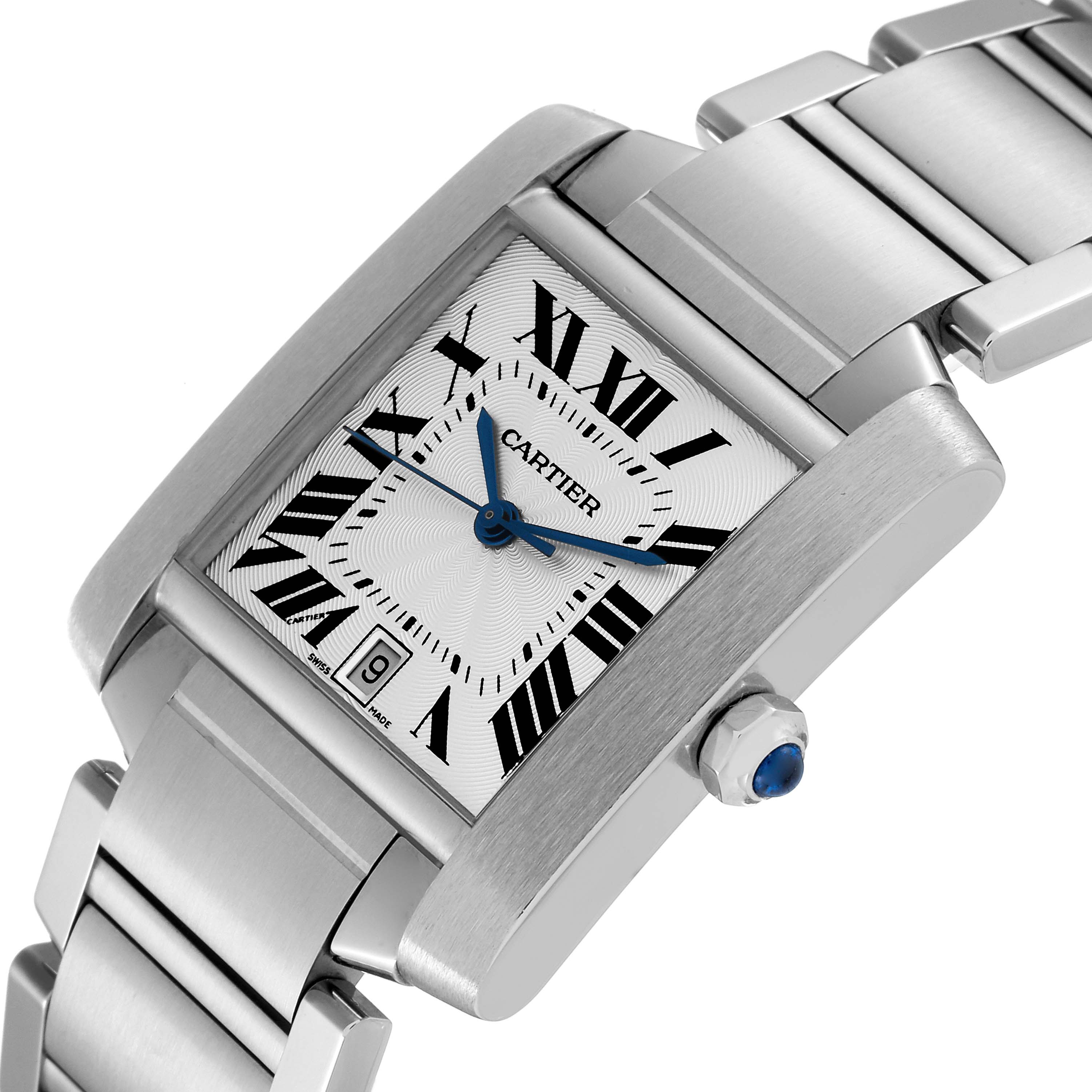 The image shows a close-up angle of the Cartier Tank Francaise W51002Q3 Men
s Stainless Steel Silver Dial W51002Q3 Men
s Stainless Steel Silver Dial watch, highlighting the case, dial, bracelet, and crown.