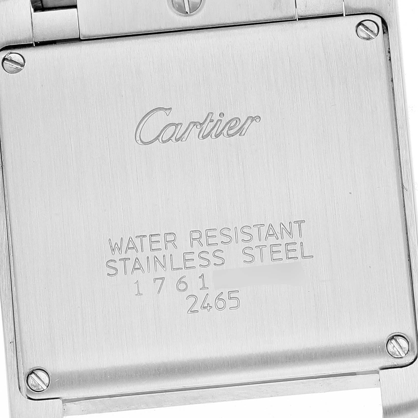 This image shows the back case of a Cartier Tank Française watch, highlighting its stainless steel and water-resistant features.