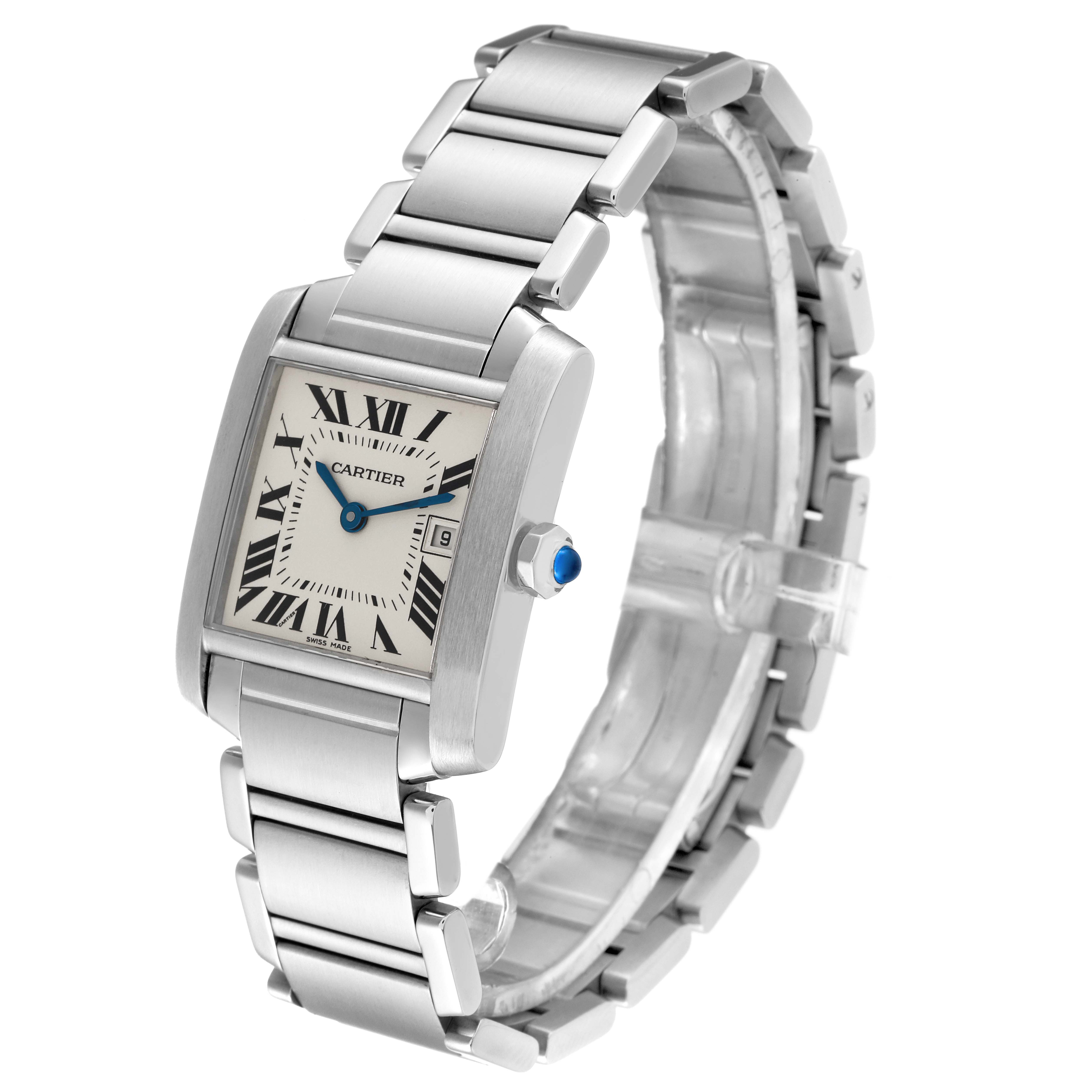 The image shows a Cartier Tank Francaise W51011Q3 Men
s Stainless Steel Silver Dial W51011Q3 Men
s Stainless Steel Silver Dial watch at a slight angle, highlighting its rectangular face, Roman numerals, and metal bracelet.