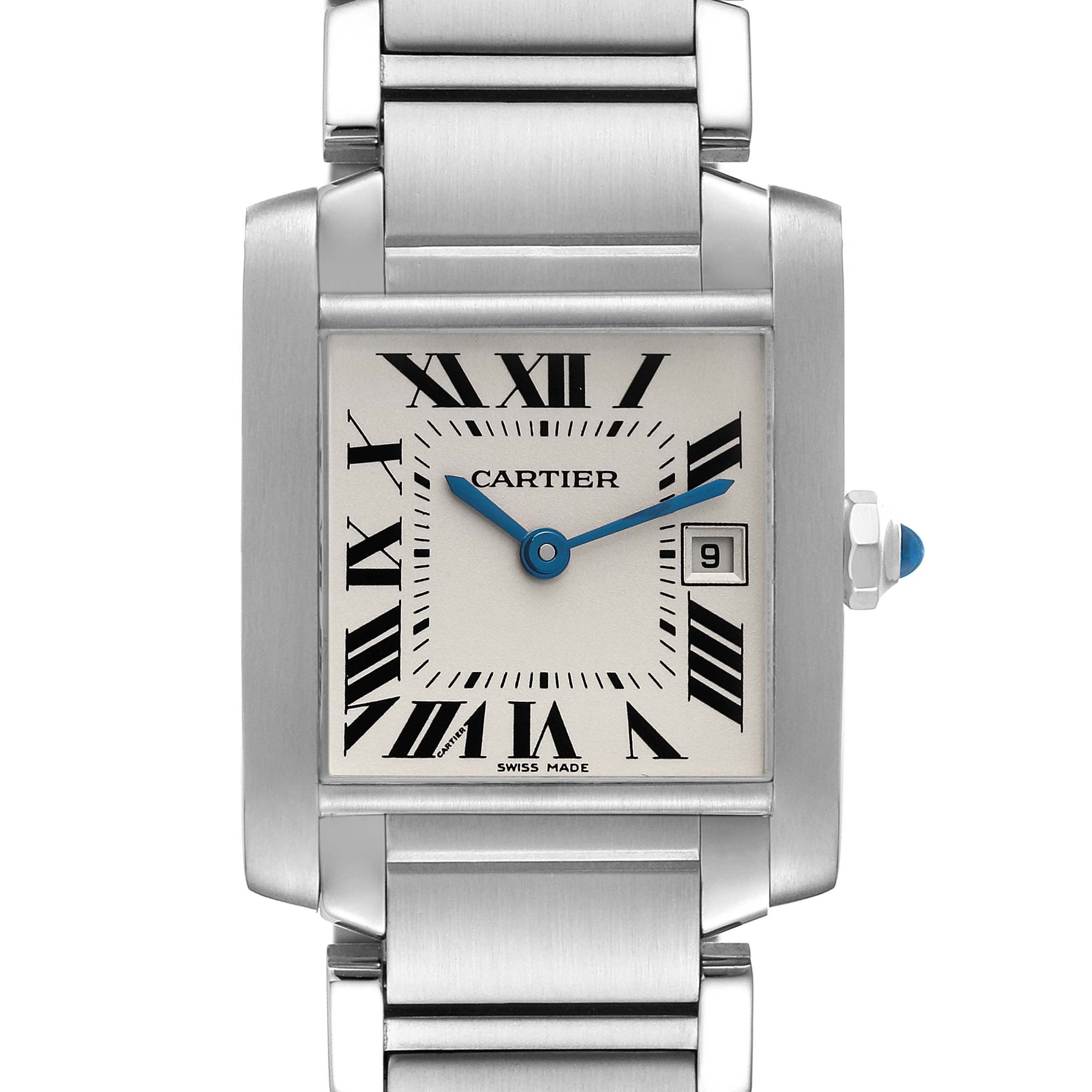 This image shows a front view of the Tank Francaise watch by Cartier, displaying the dial, hands, bracelet, and crown.