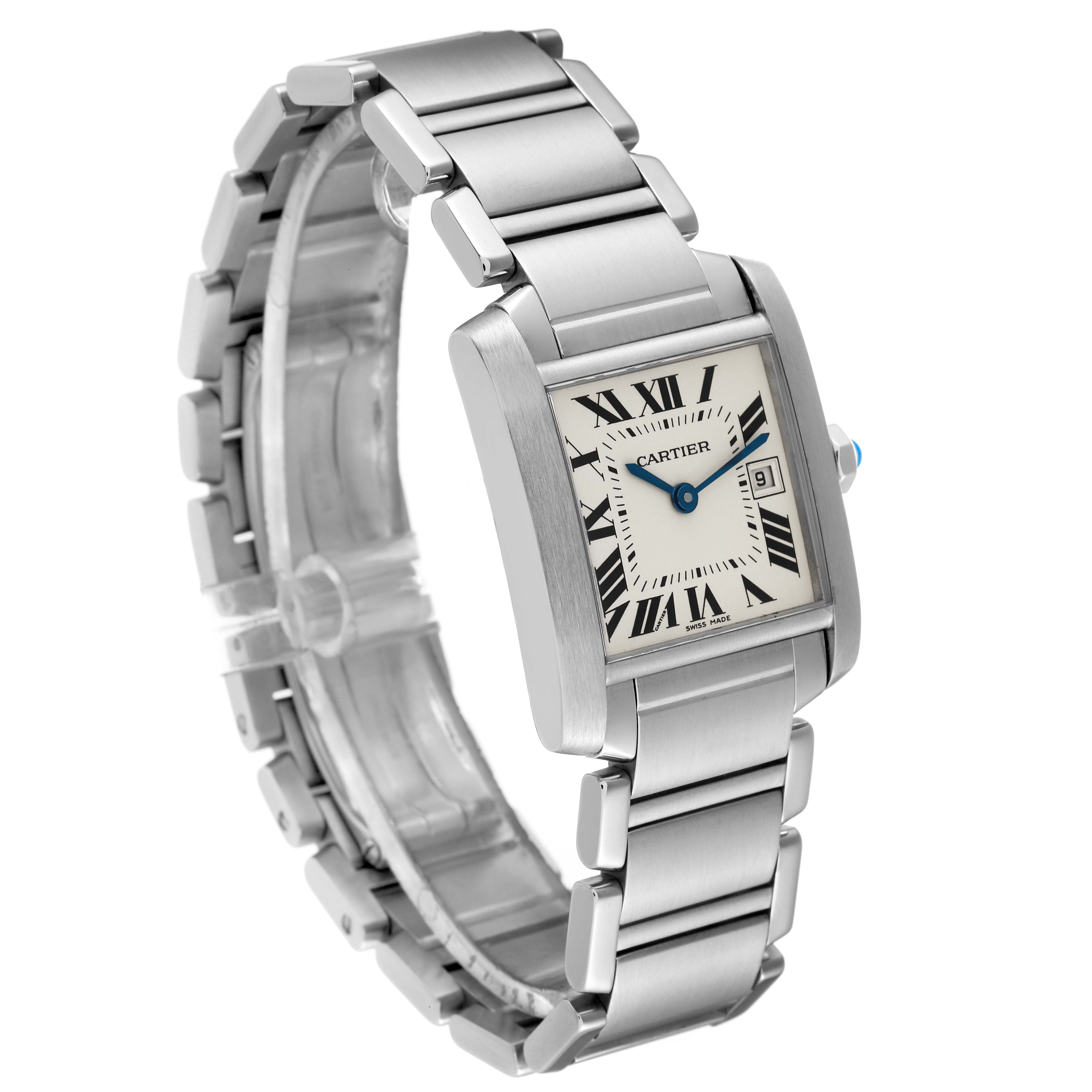 The image shows a Cartier Tank Française watch from a side angle, displaying its rectangular face and stainless steel bracelet.
