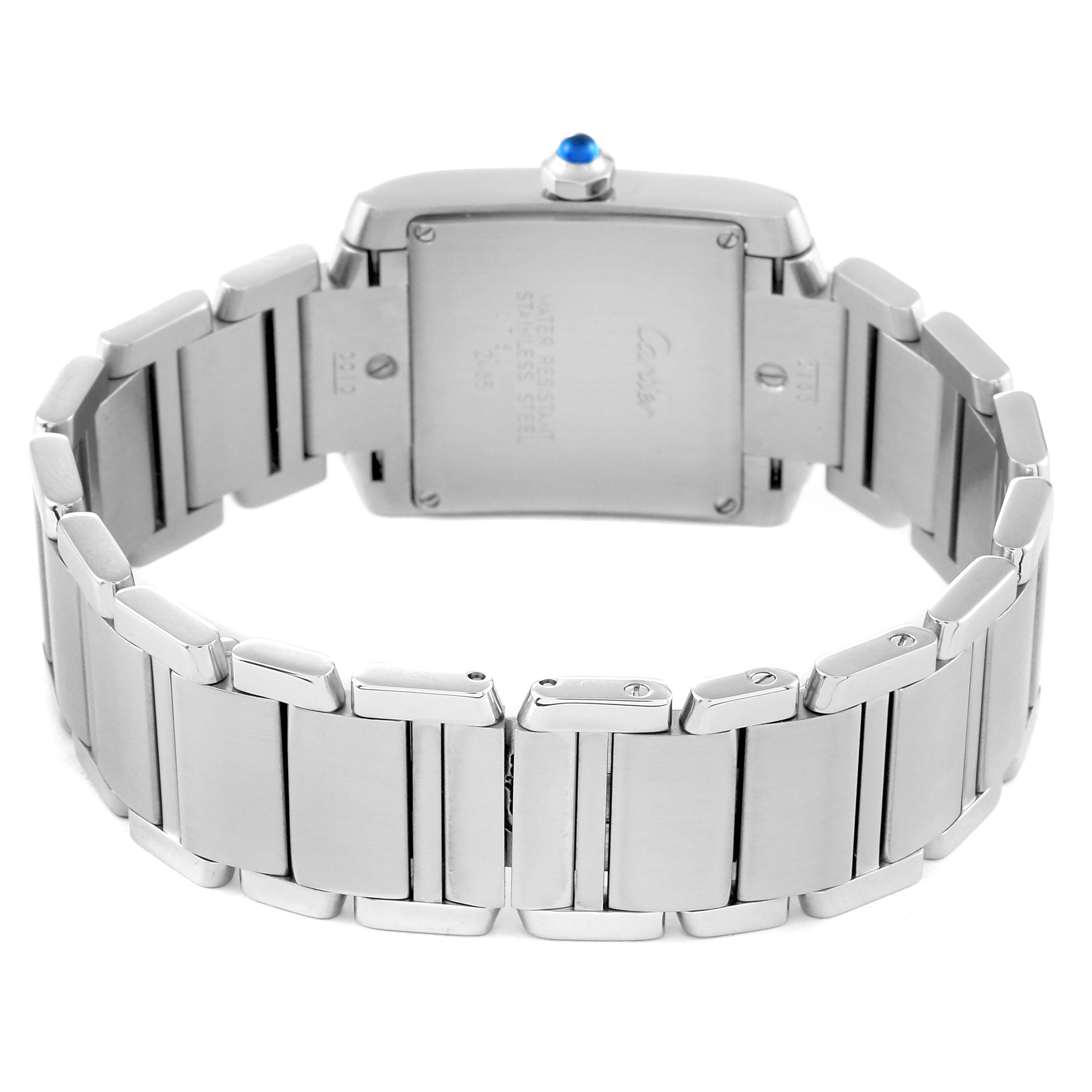 The image shows the back and bracelet of the Tank Francaise model watch by Cartier.