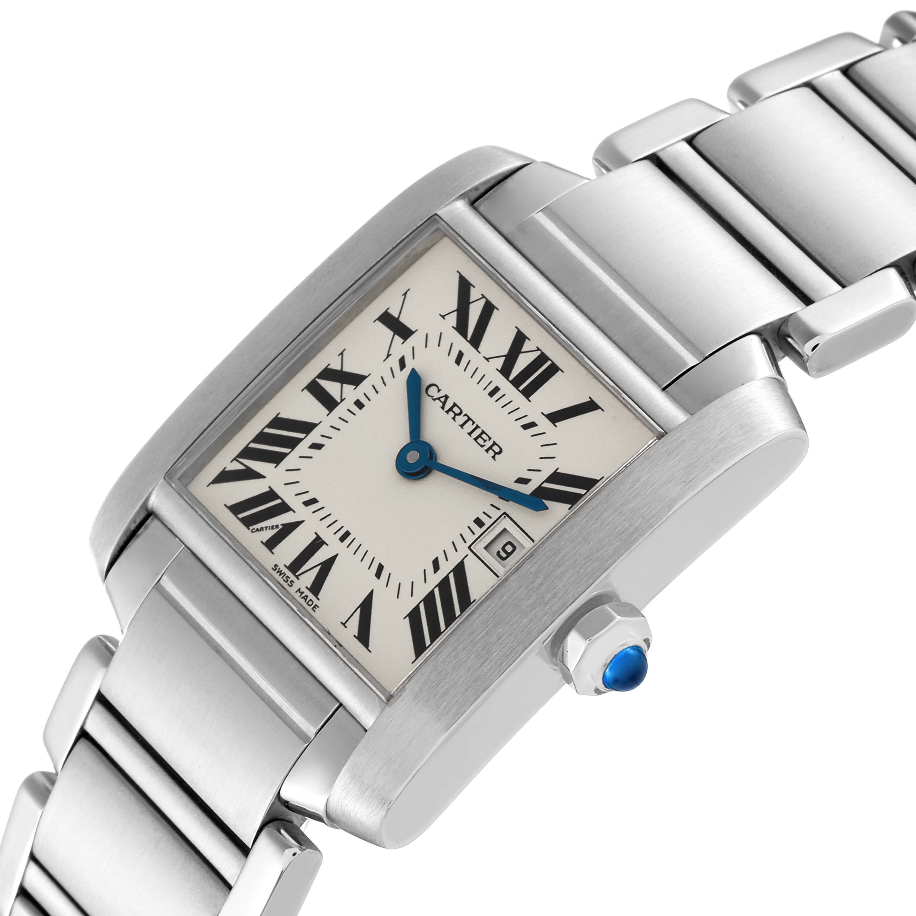 This image displays a close-up angled view of the Cartier Tank Francaise W51011Q3 Men
s Stainless Steel Silver Dial W51011Q3 Men
s Stainless Steel Silver Dial watch, highlighting the face, crown, and part of the bracelet.