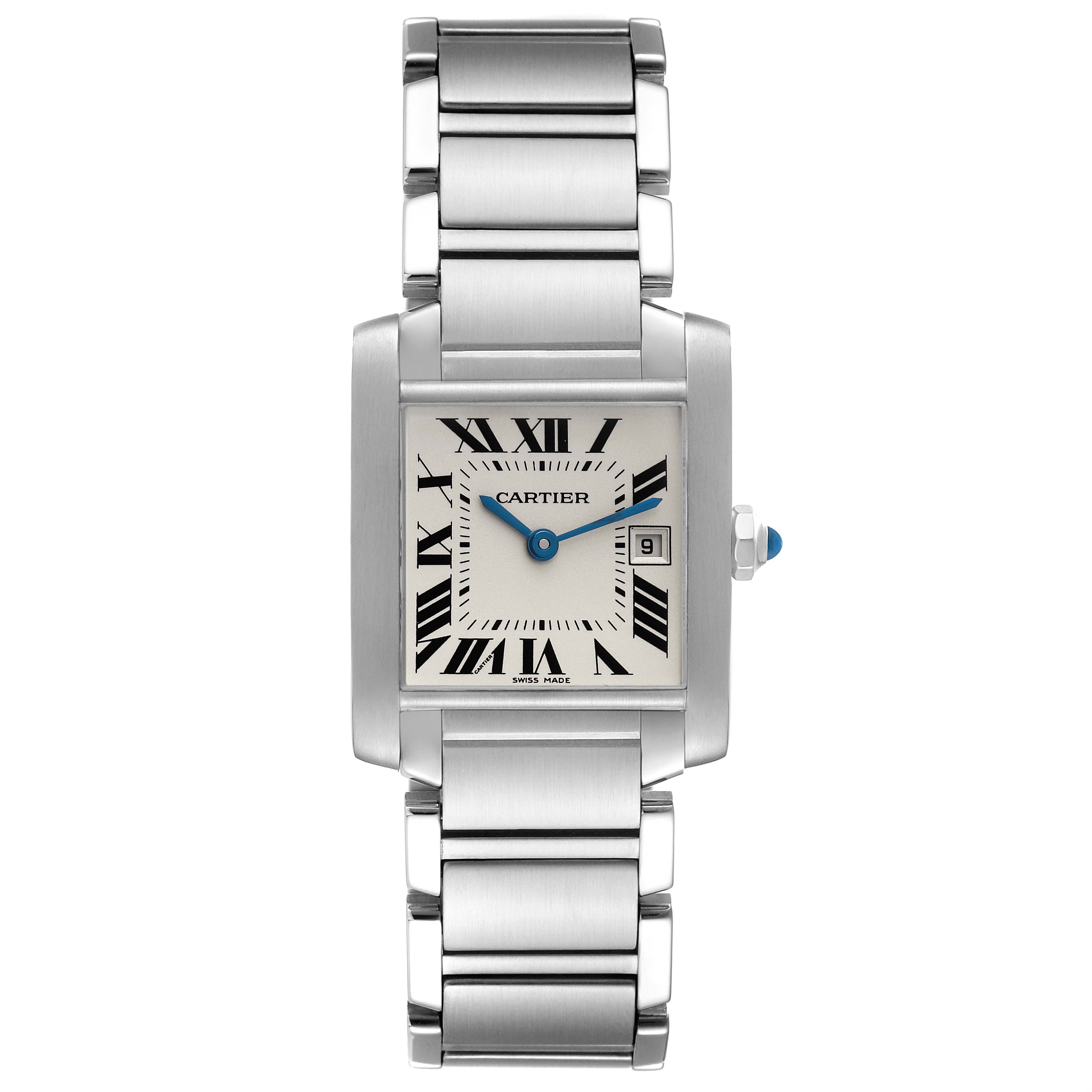 The Cartier Tank Francaise W51011Q3 Men
s Stainless Steel Silver Dial W51011Q3 Men
s Stainless Steel Silver Dial watch is shown from a front angle, displaying the face, bracelet, and crown.