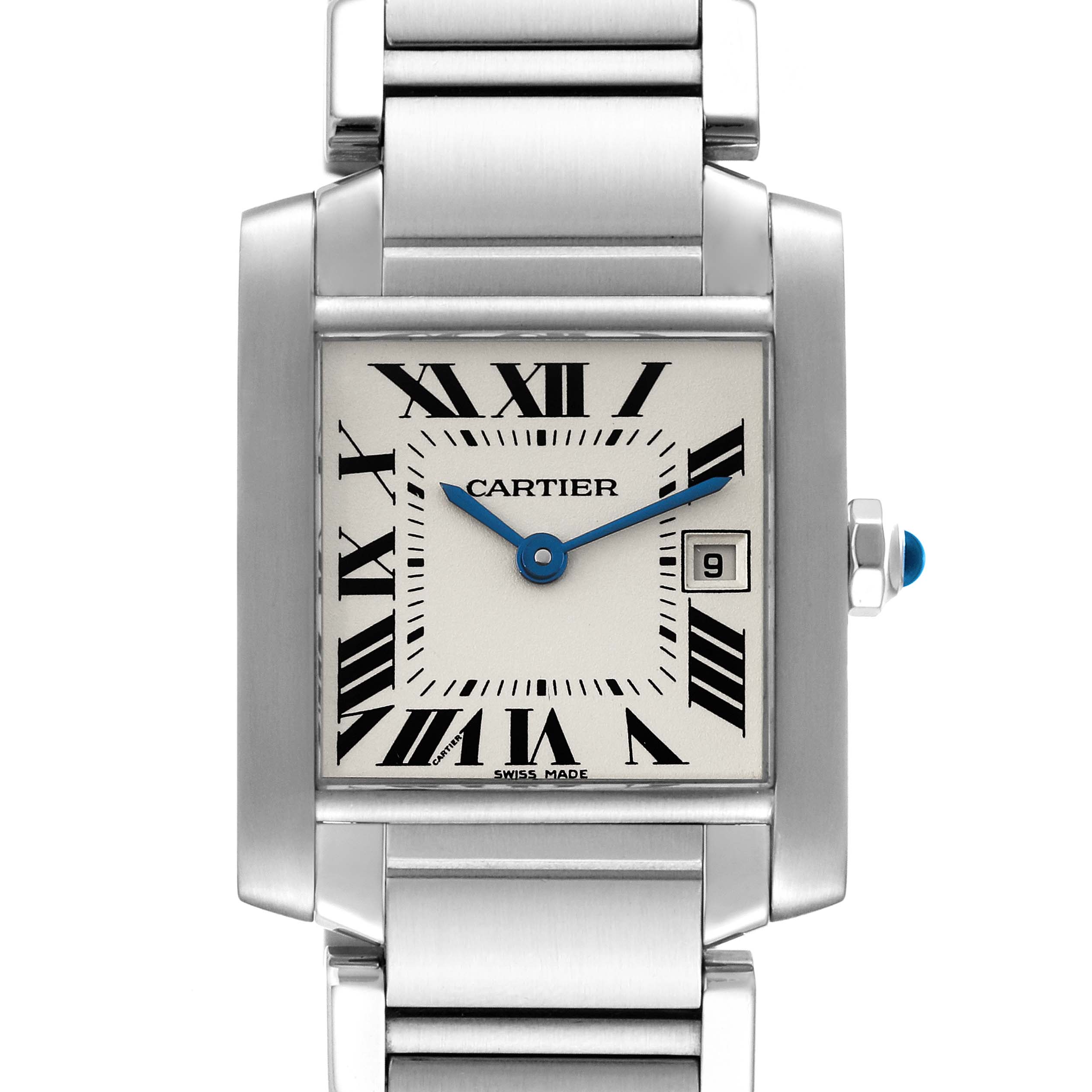 This image shows a close-up of the Cartier Tank Française watch face, including its Roman numerals, hands, and date window.
