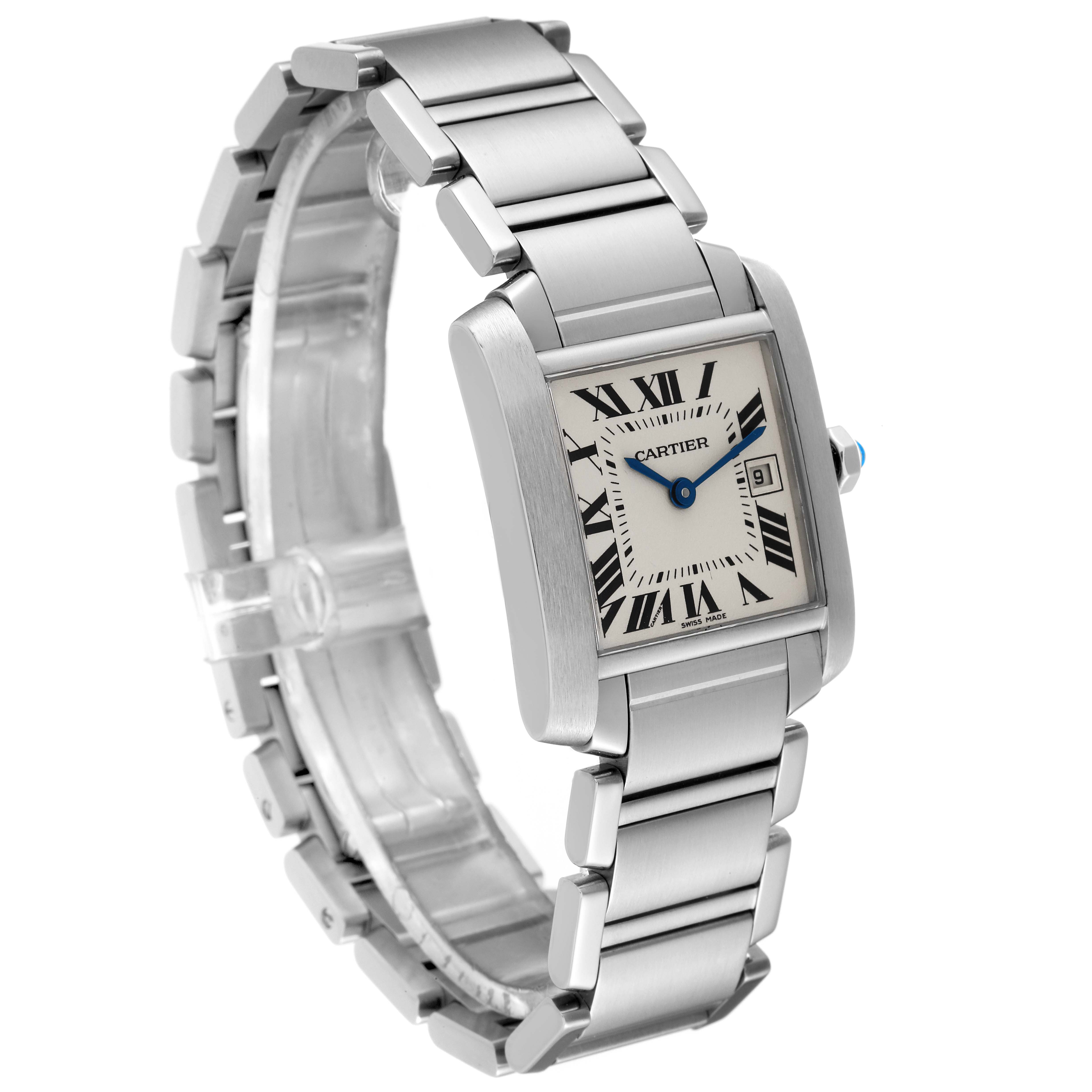 The Cartier Tank Française watch is shown at a three-quarter angle, highlighting its rectangular dial and metal bracelet.