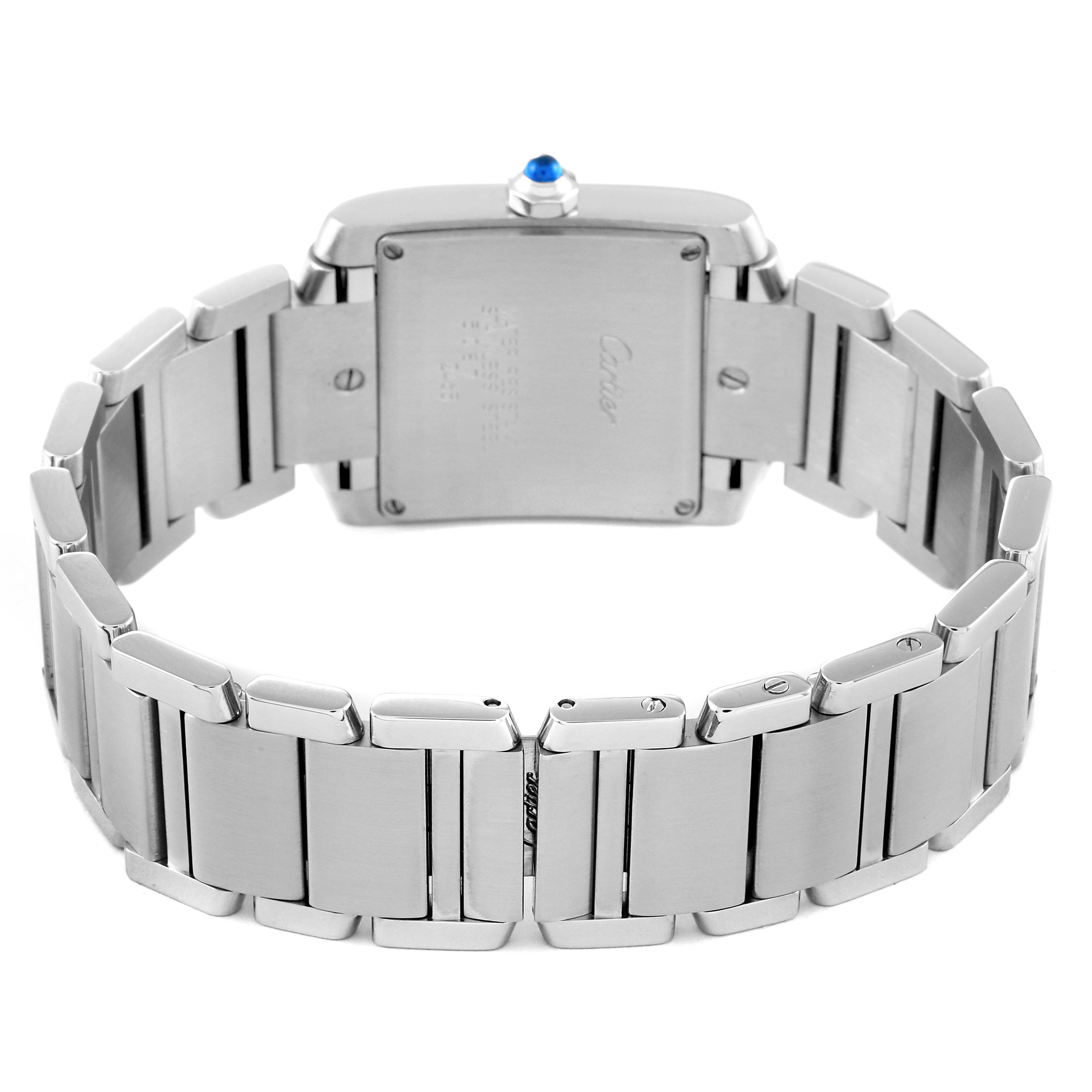 The image shows the back view of a Cartier Tank Francaise W51011Q3 Women's Stainless Steel Silver Dial W51011Q3 Women's Stainless Steel Silver Dial watch, highlighting the caseback and bracelet.