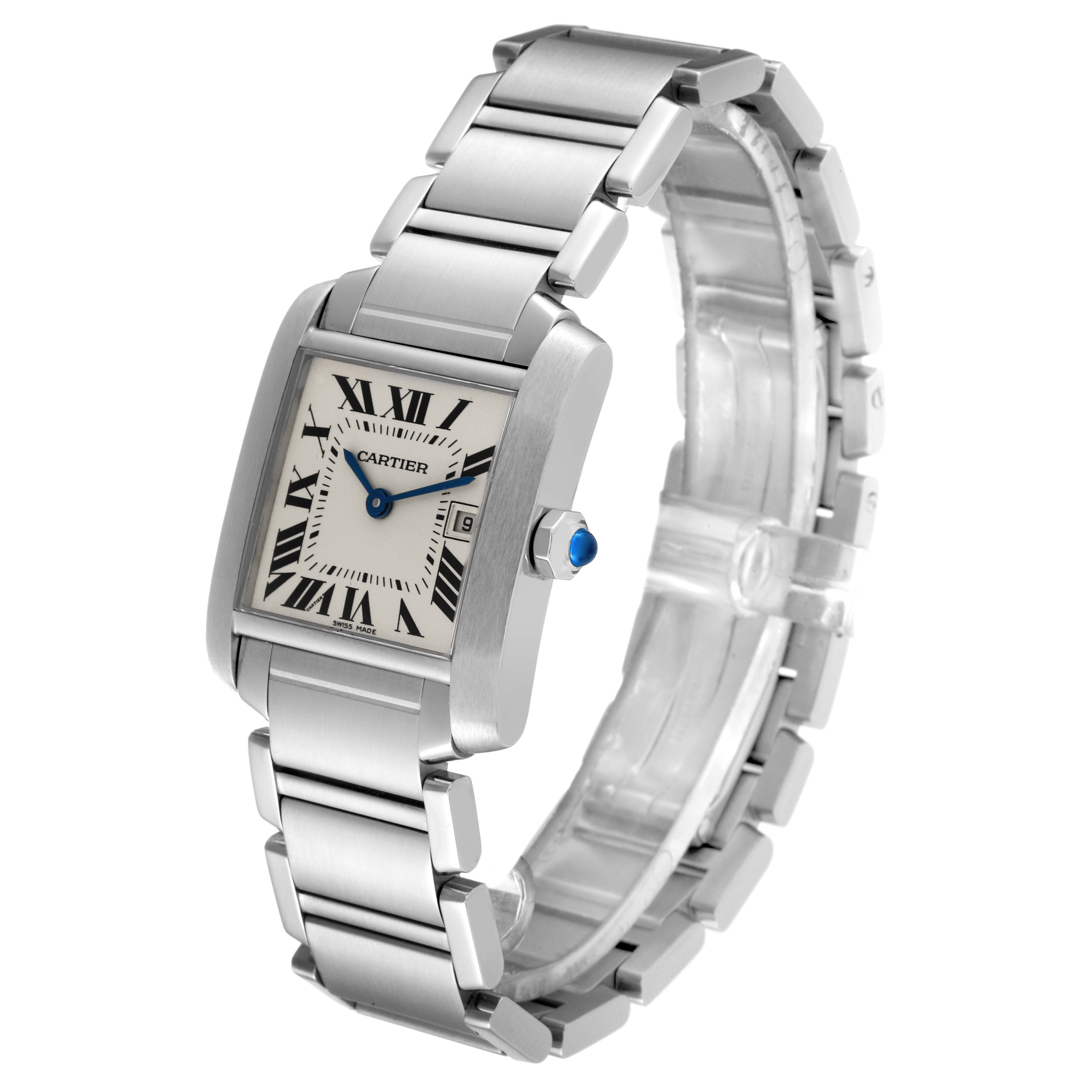 The image shows a Cartier Tank Française watch at a front-side angle, highlighting the face, bracelet, and crown with a blue gem.