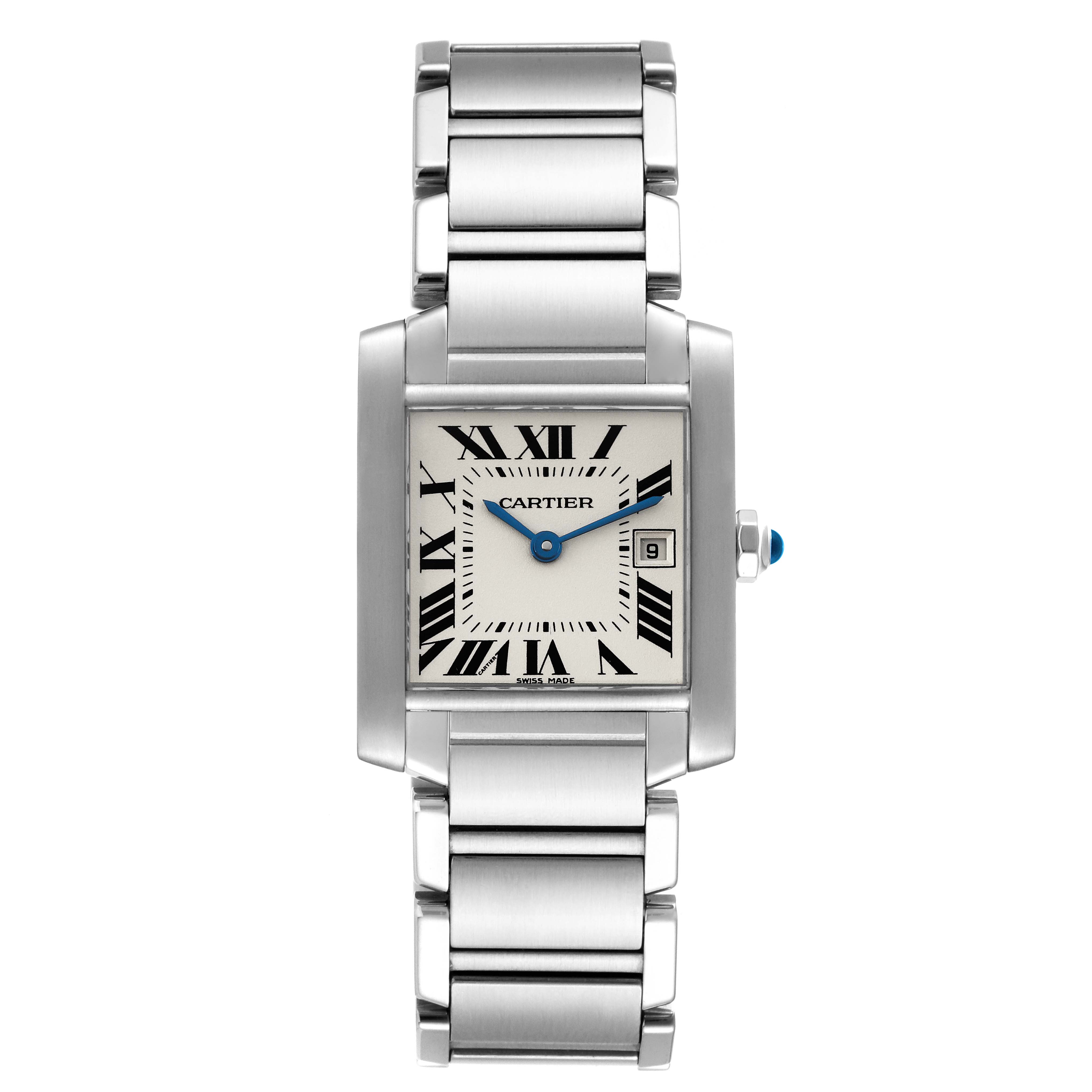The image shows a front view of a Cartier Tank Francaise W51011Q3 Women's Stainless Steel Silver Dial W51011Q3 Women's Stainless Steel Silver Dial watch, highlighting its rectangular face, stainless steel bracelet, and Roman numeral dial.