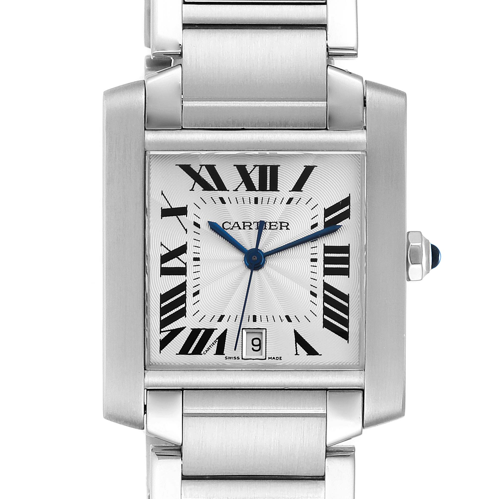 The image shows a front view of a Cartier Tank Francaise W51002Q3 Men's Stainless Steel Silver Dial W51002Q3 Men's Stainless Steel Silver Dial watch, highlighting its rectangular face, Roman numerals, blue hands, and metal bracelet.