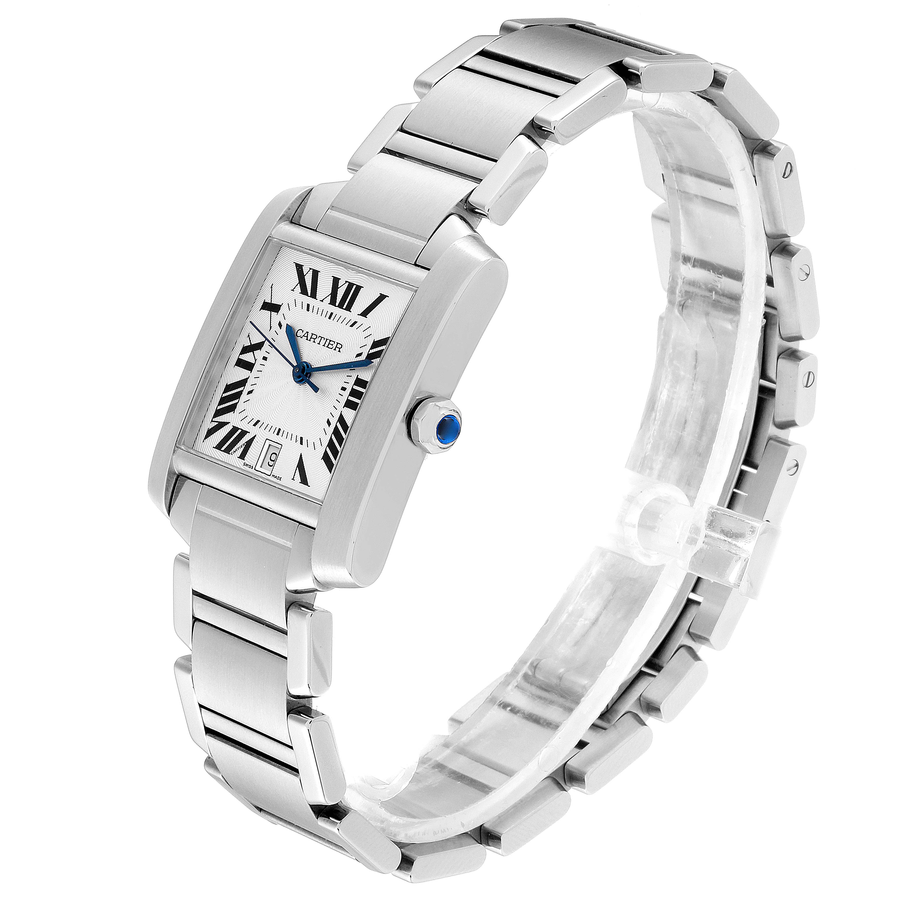 The Cartier Tank Francaise W51002Q3 Men's Stainless Steel Silver Dial W51002Q3 Men's Stainless Steel Silver Dial watch is shown at an oblique angle, highlighting the case, bracelet, and dial.