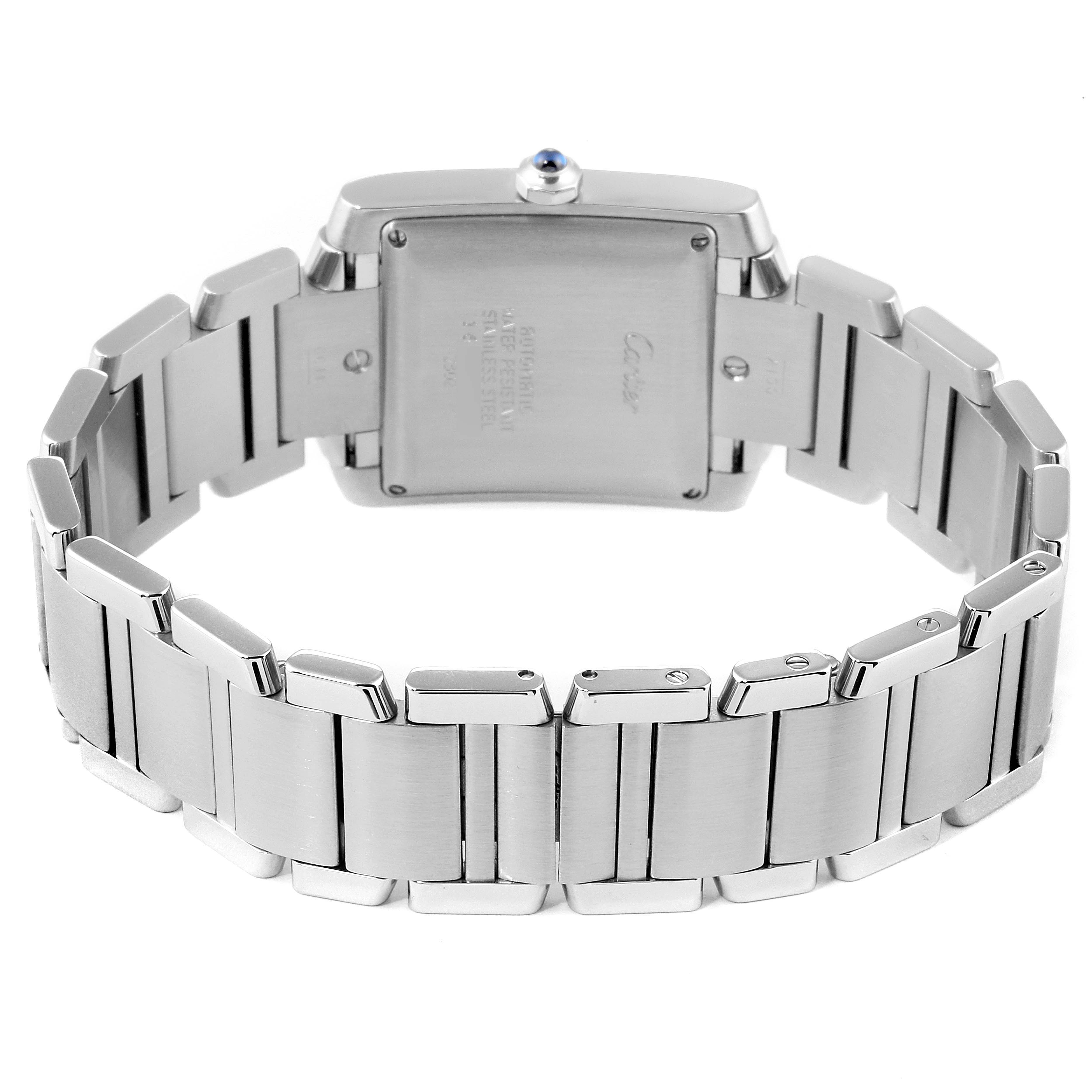 This image shows the back case and bracelet of the Cartier Tank Francaise W51002Q3 Men's Stainless Steel Silver Dial W51002Q3 Men's Stainless Steel Silver Dial watch at a rear angle.