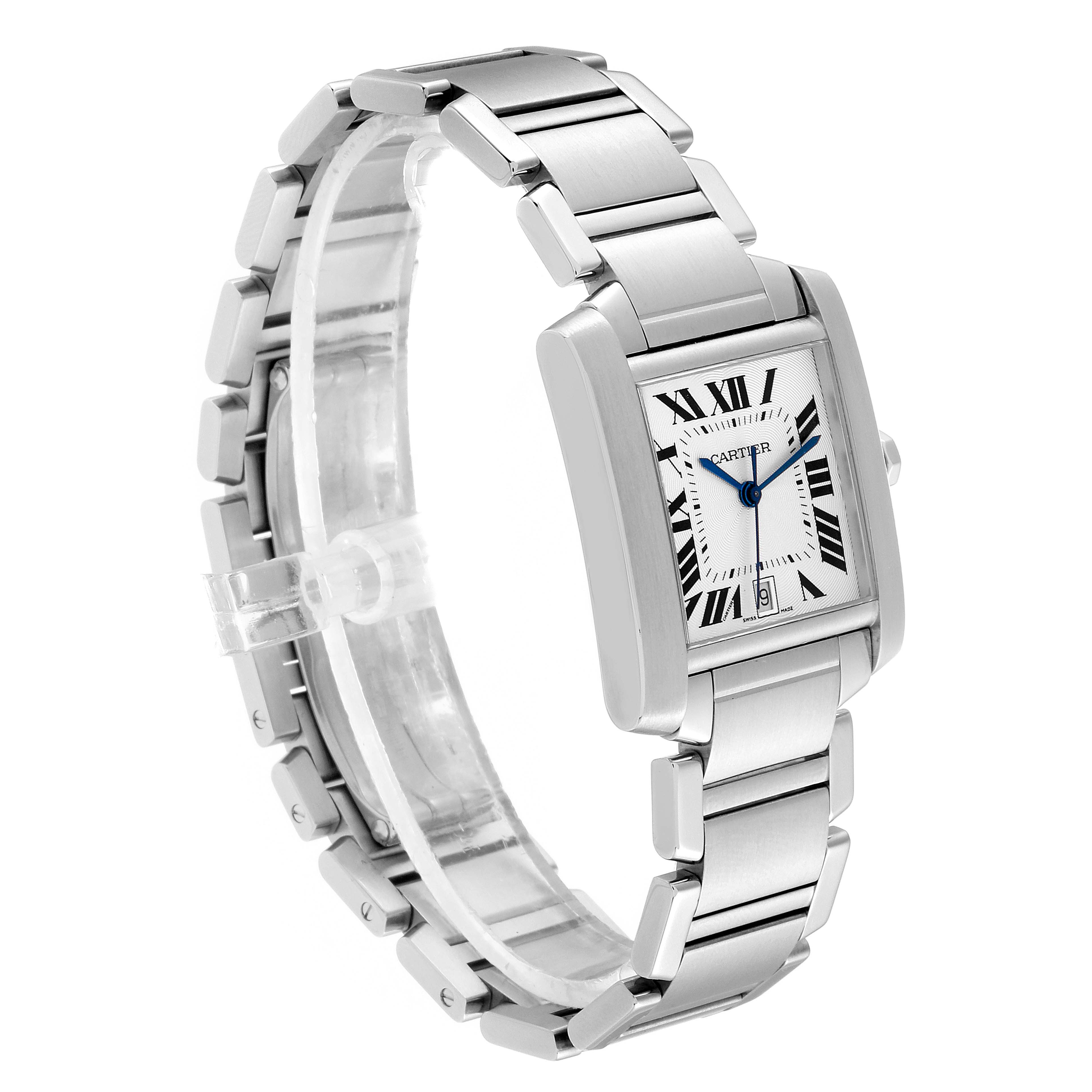 This image shows a side angle view of the Cartier Tank Française watch, highlighting its bracelet, case, and dial.