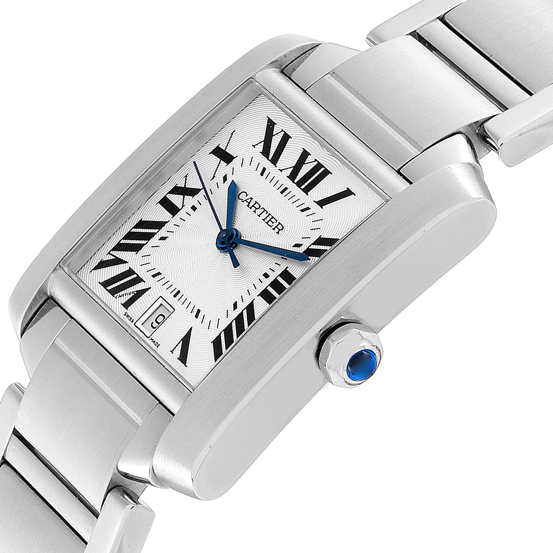 The image shows a close-up angle of the Cartier Tank Francaise W51002Q3 Men's Stainless Steel Silver Dial W51002Q3 Men's Stainless Steel Silver Dial watch, highlighting its dial, bracelet, and crown with a blue cabochon.