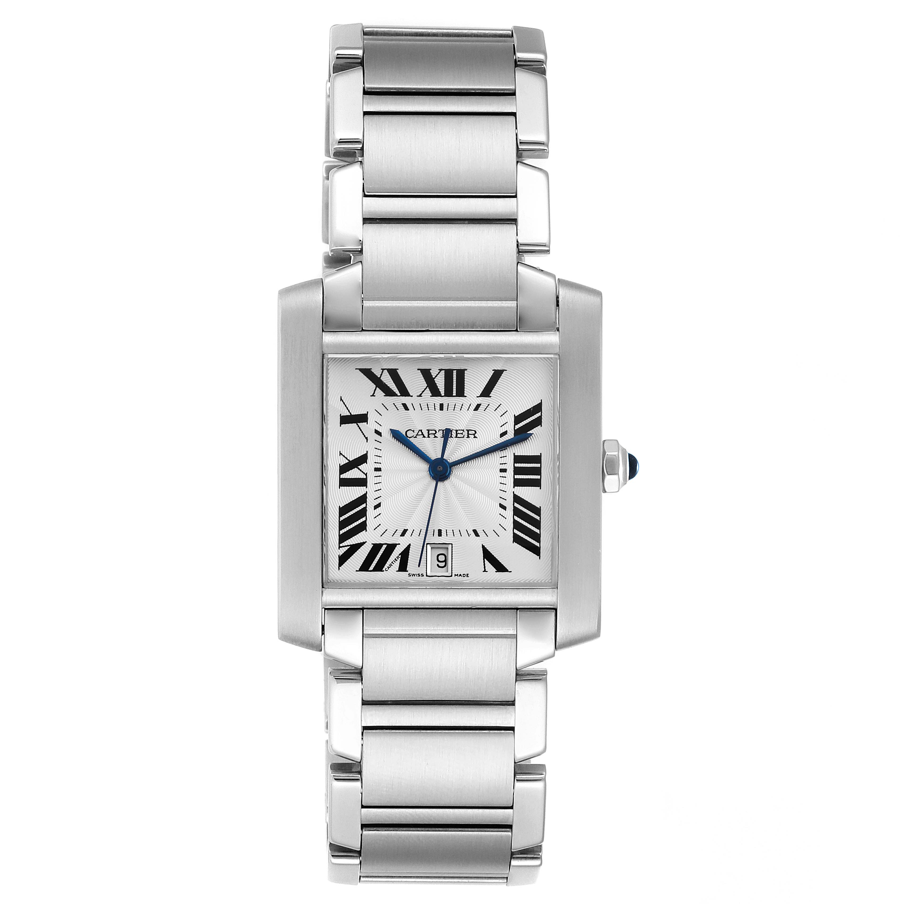 The image shows a front view of the Cartier Tank Française watch, featuring its rectangular face, stainless steel bracelet, and blue hands.